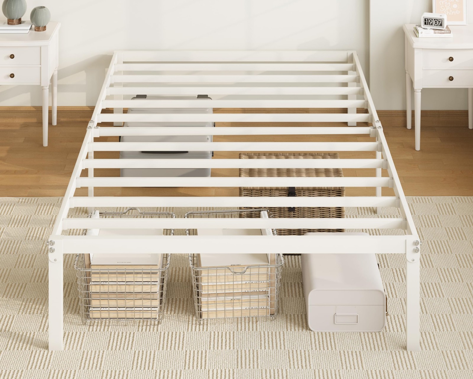 Twin Bed Frame 14~Inch Metal Platform with Storage, No Box Spring, White