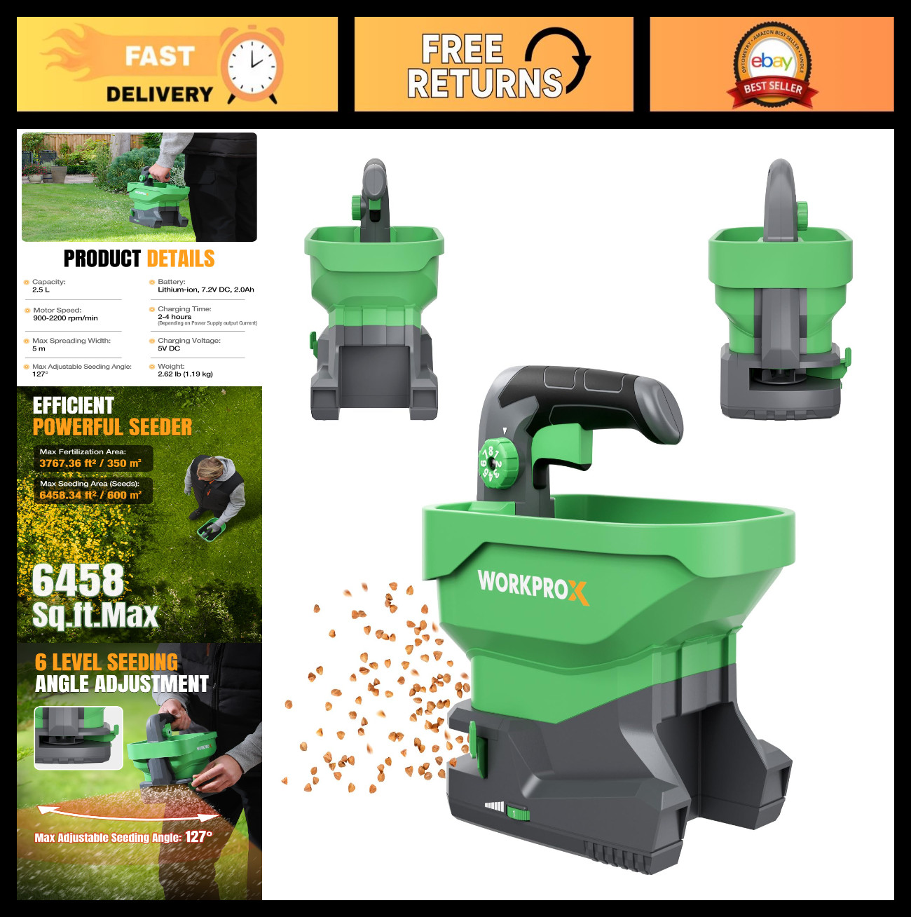 Battery Powered Fertilizer Spreader, 7.2V Rechargeable Seed & Salt Spreader, 8-L
