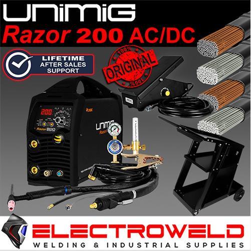 UNIMIG Razor 200 ACDC TIG Welder + Foot Pedal + Trolley + 6Kg Rods AC/DC U12002K