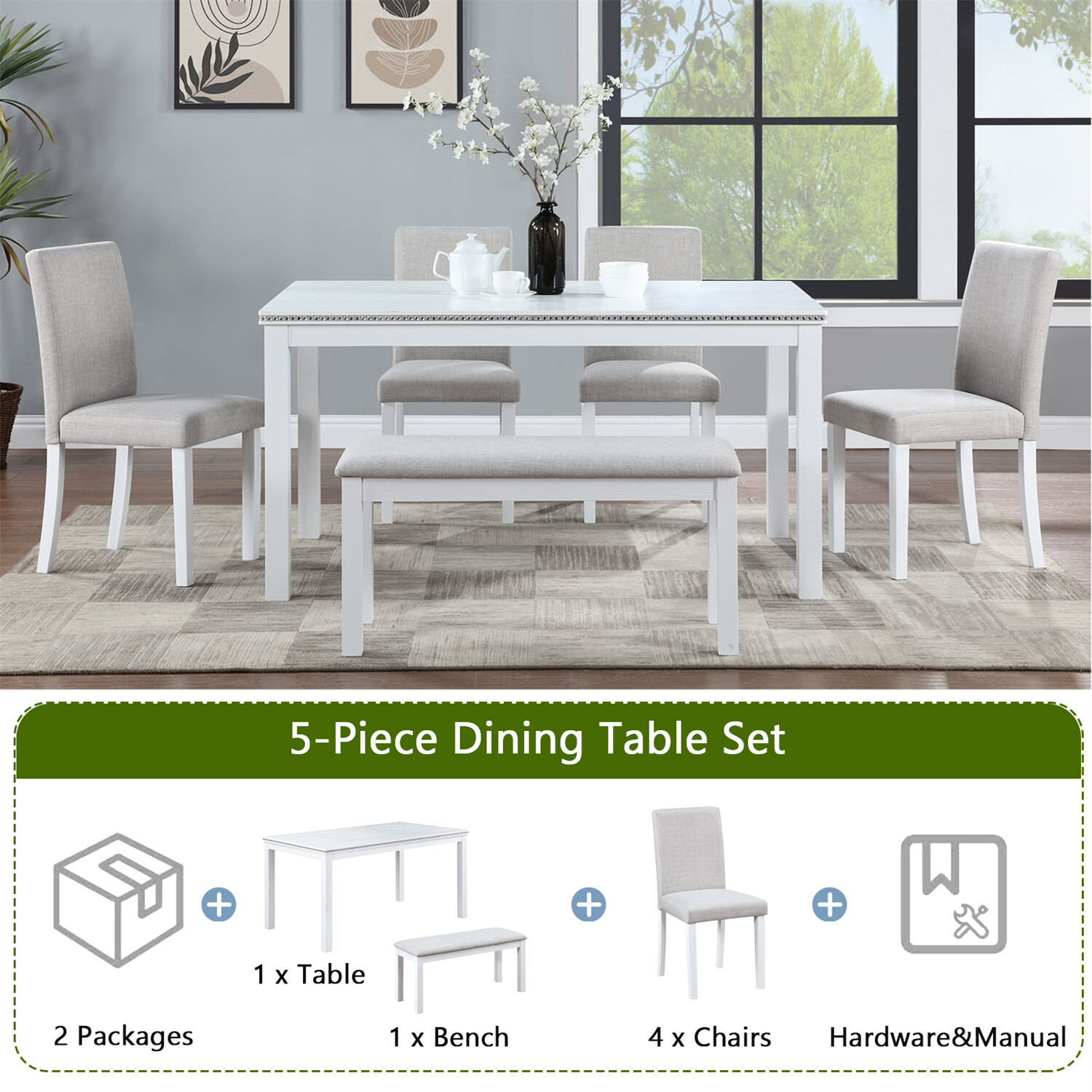 6 Piece Dining Table Set Kitchen Table Wooden Dining Table with 4 Chairs & Bench