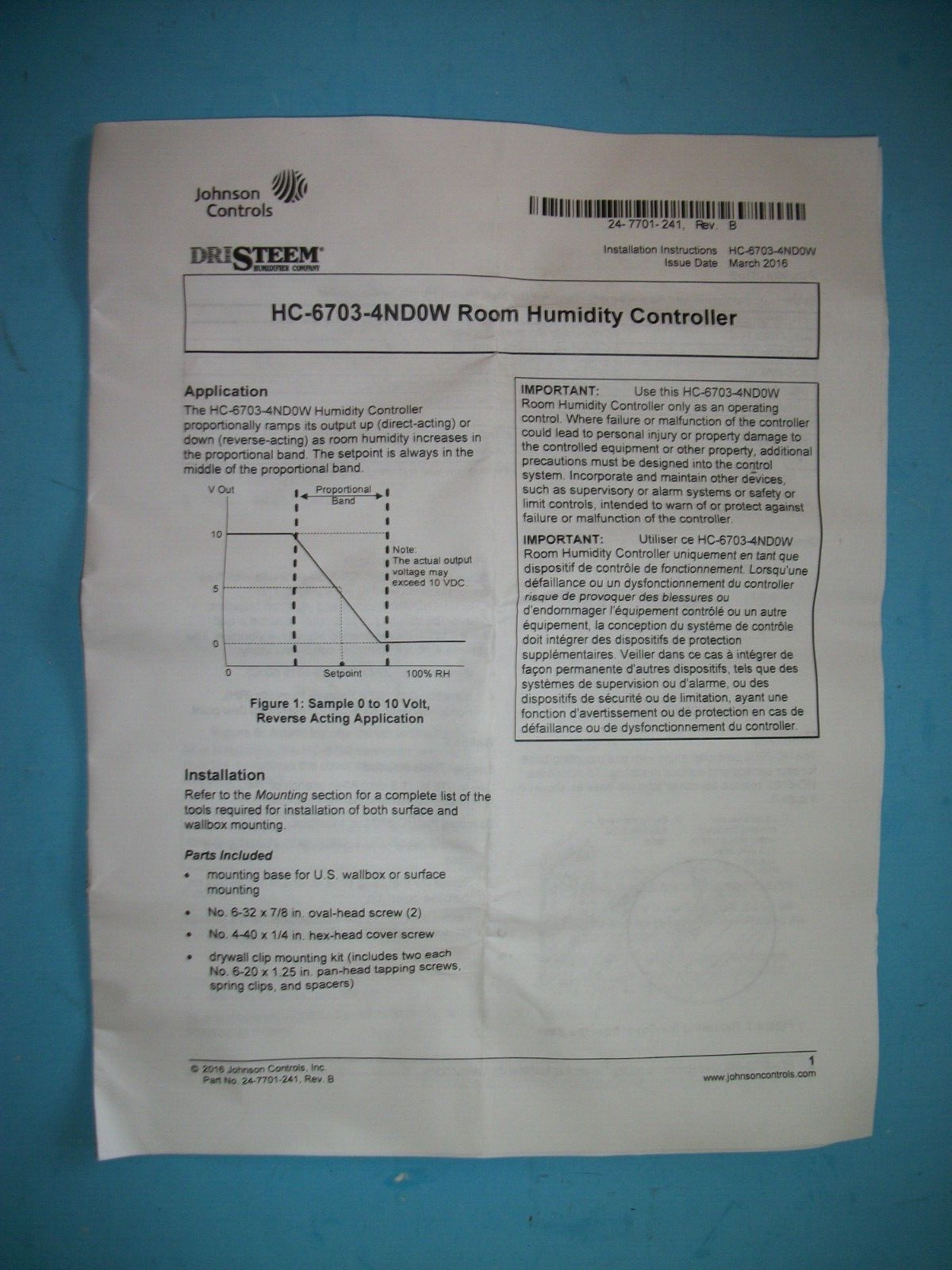 Johnson Controls HC-6703-4ND0W Zone/ Wall Mount Humidity Controller White