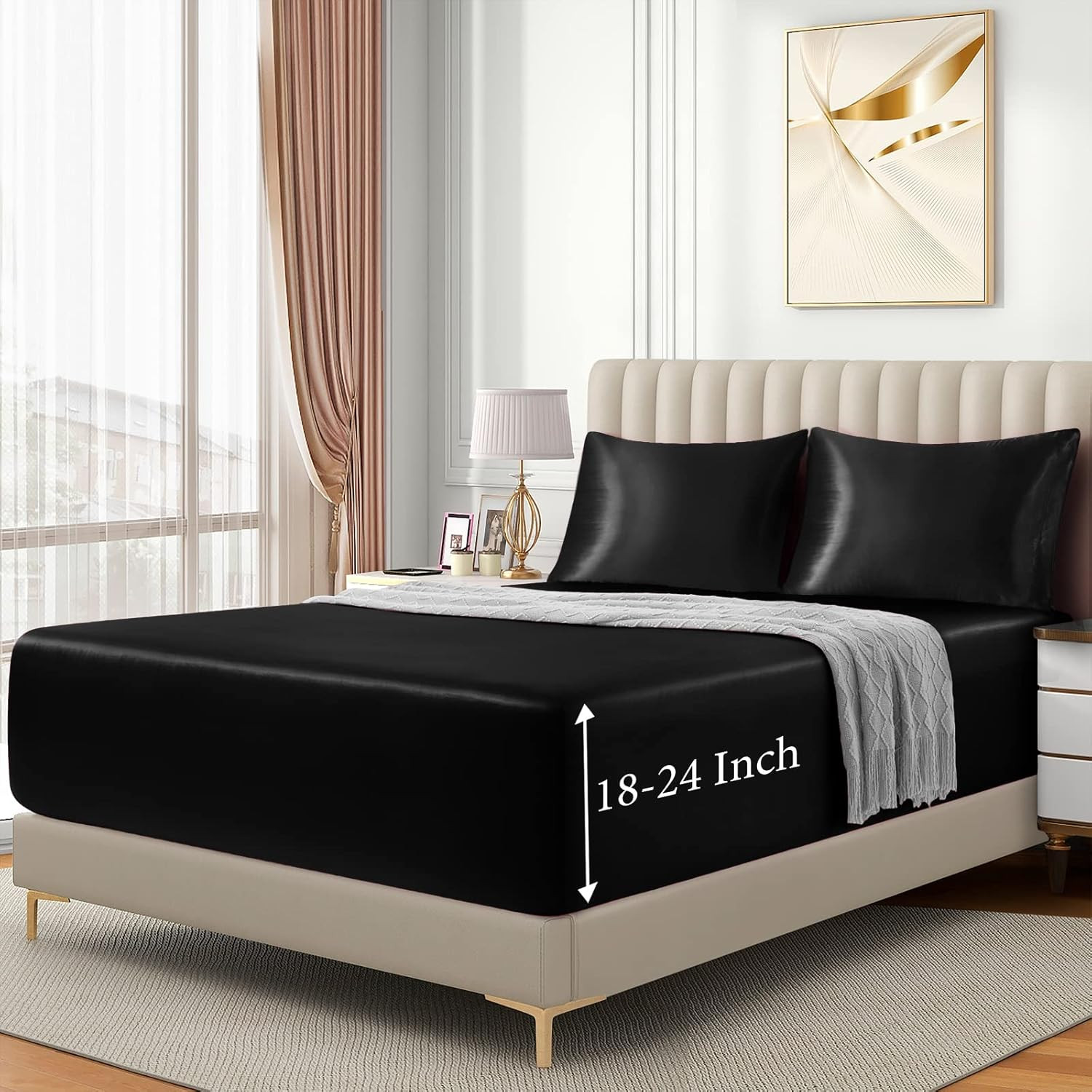 3Pcs Extra Deep Pocket Satin Fitted Sheet Set Queen Bed Set, Black Bottom Sheet