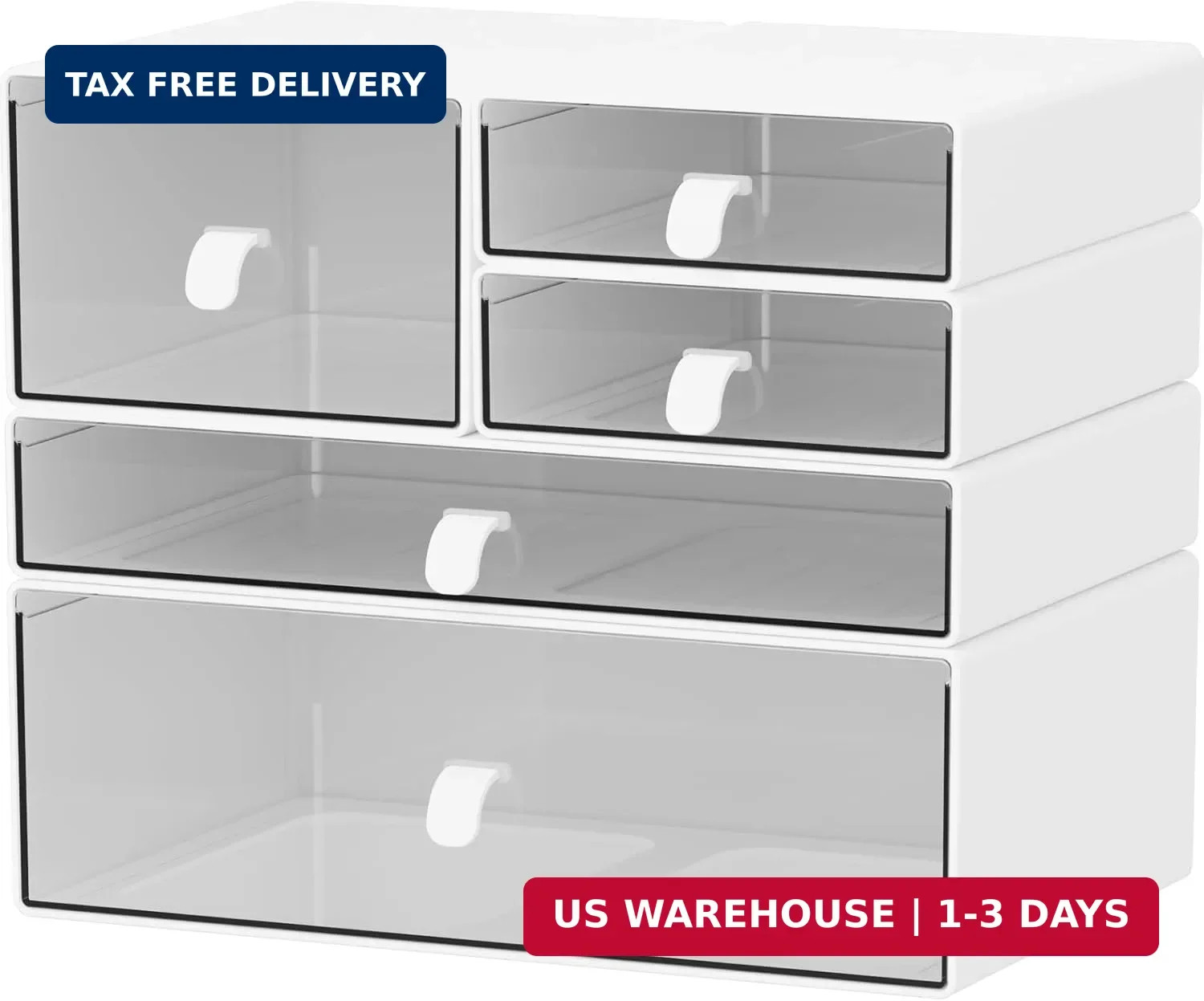Desk Organizer Set, White & Clear Stackable Dustproof Storage Boxes for Desktop,