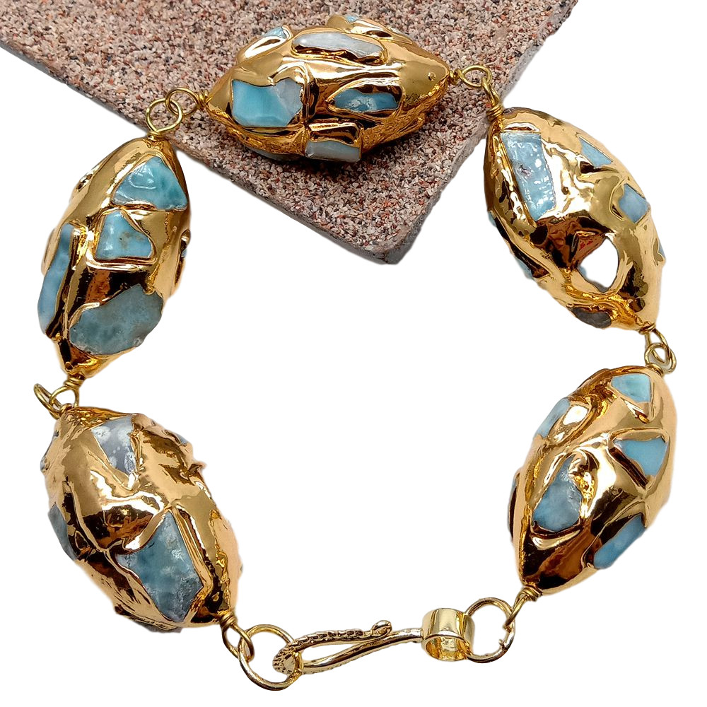 Natural Blue Larimar Gold Plated Olive shape Bracelet