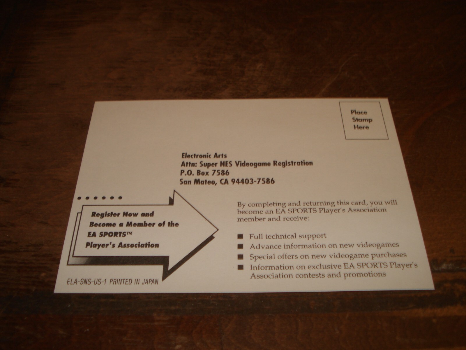 Electronic Arts Registration Card Insert Only ELA-SNS-US-1  Super Nintendo SNES