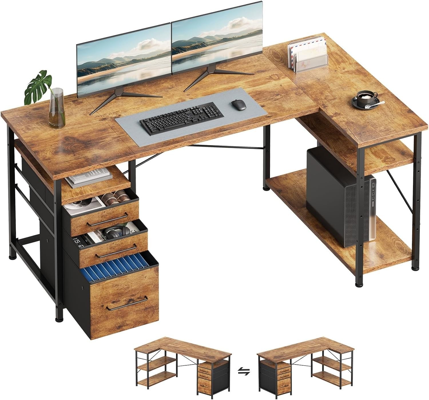 55" Computer Desk with Drawers Work Desks for Bedrooms Writing Desk with Storage