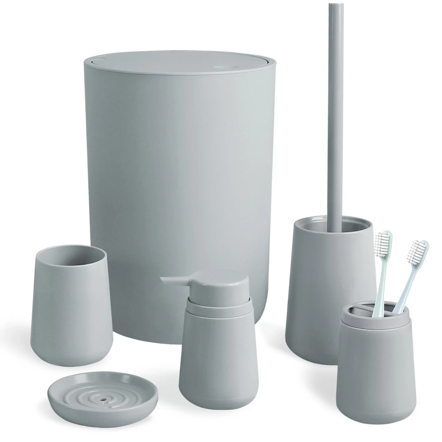 CERBIOR Bathroom Accessory Set 6 Piece Toilet Push Down Trash Can, Grey