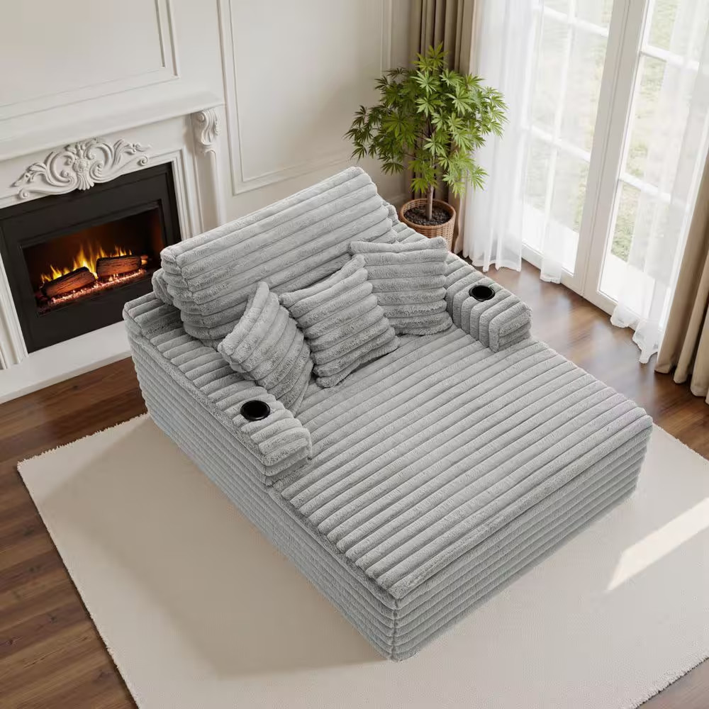 Modern Light Gray Faux Rabbit Fur Polyester Lazy Sofa 2-Arm Chaise Lounge with C