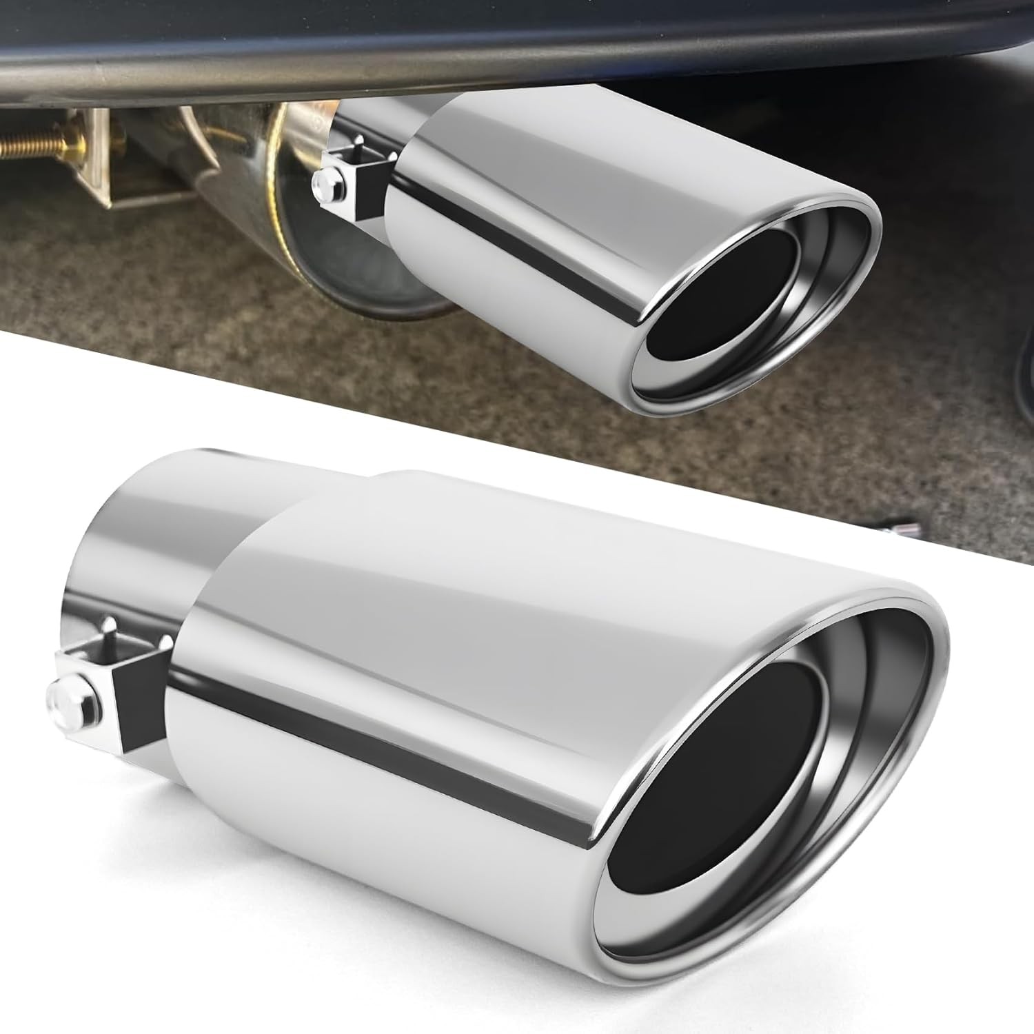 Stainless Steel Car Exhaust Tip, Bolt-On Resonated Muffler Slant Tip with Clamps