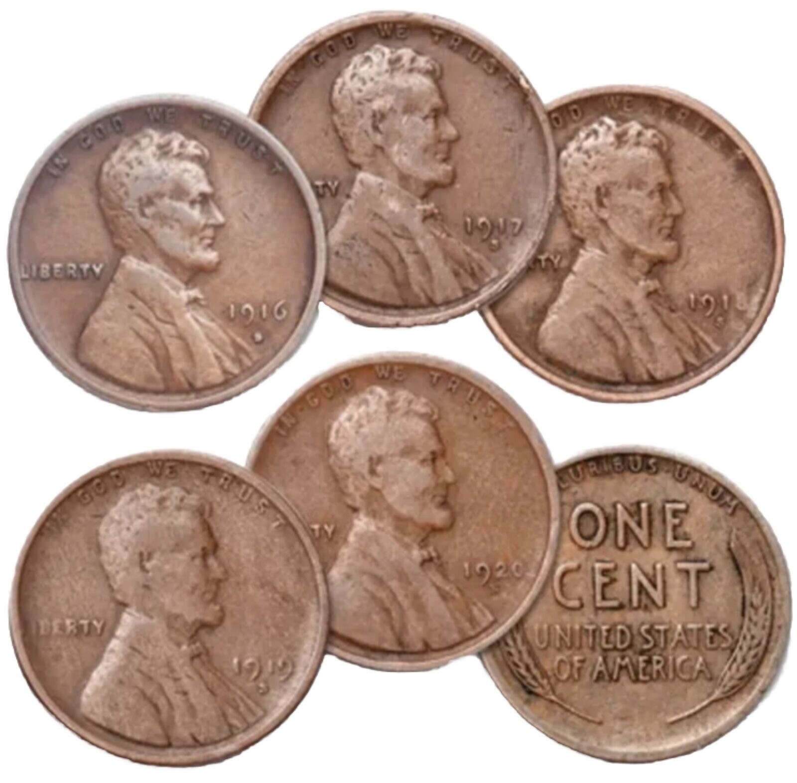 Lot Set Run of 5 San Francisco Wheat Cents 1916S-1920S FAST FREE SHIPPING