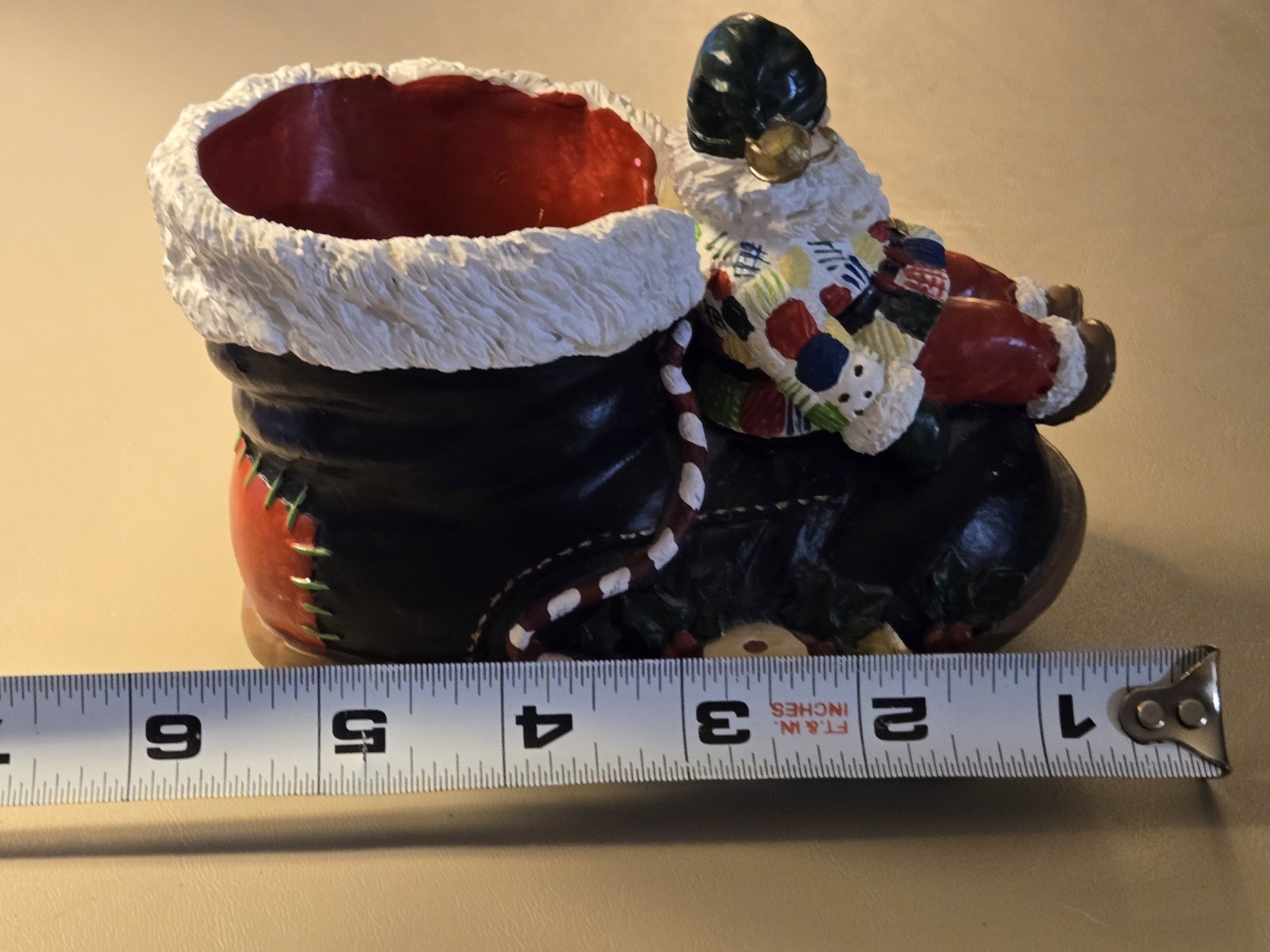 Sleeping Santa In A Boot Ceramic Planter Sewing Thread Holiday Decor