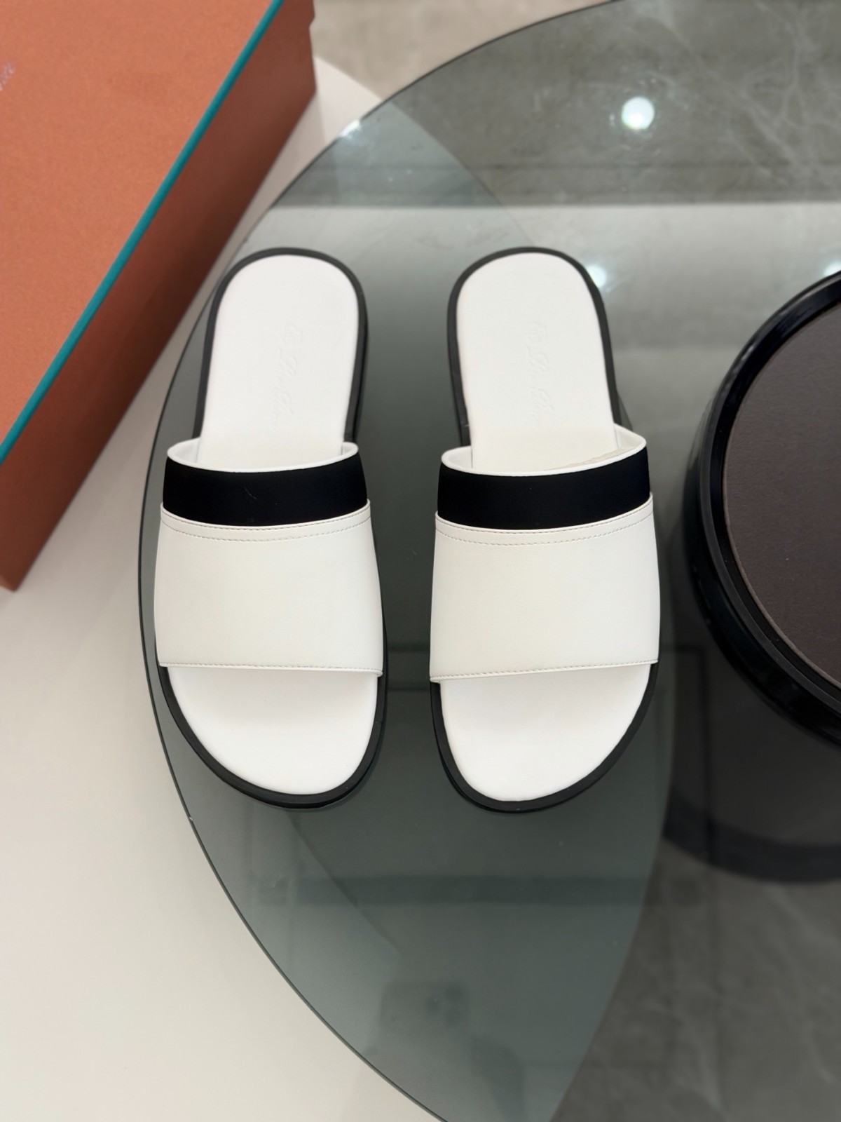 Loro Piana Men White Black Leather Colorblock Slide Sandals Summer Shoes 39-44