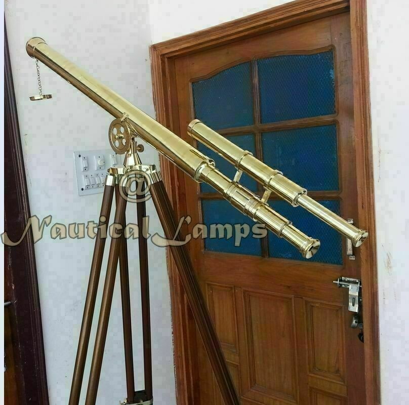 39" Solid Brass Double Barrel Griffith Astor Telescope With Wooden Tripod Stand