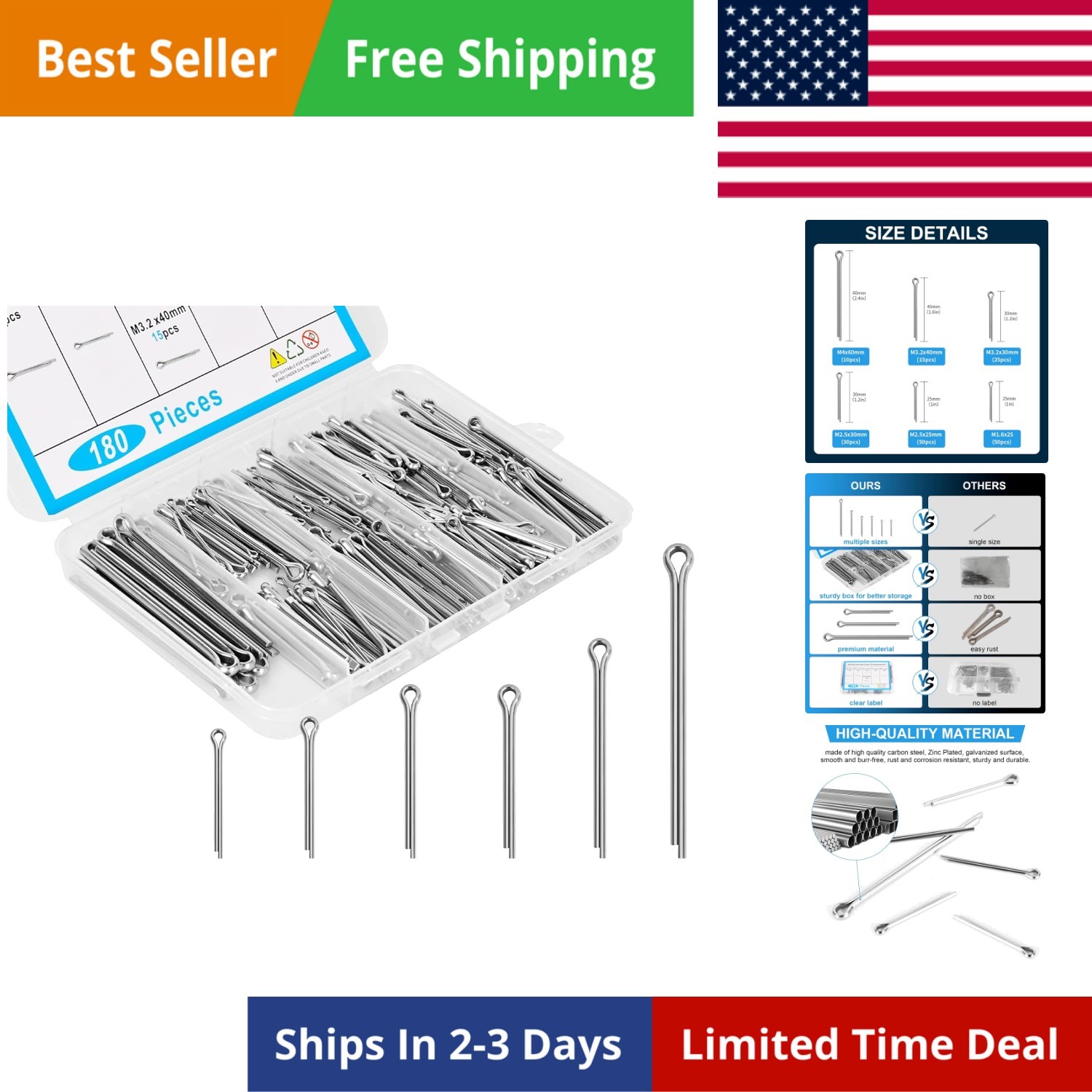 180pcs  304 Stainless Steel Cotter Pin Assortment Kit, 6 Sizes Heavy Duty Cot...