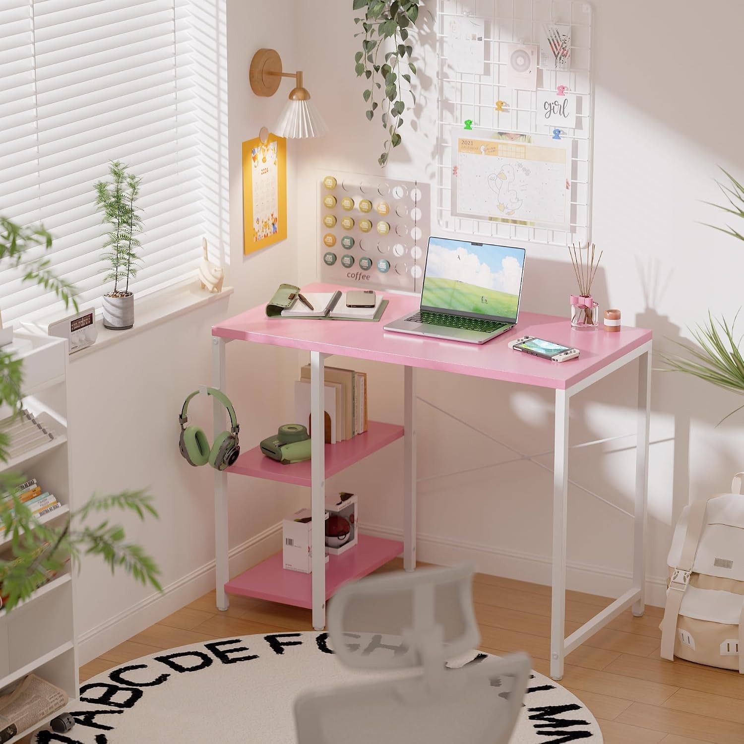 32 Inch Small Computer Desk with Shelves, Home Office Desk with Headphone