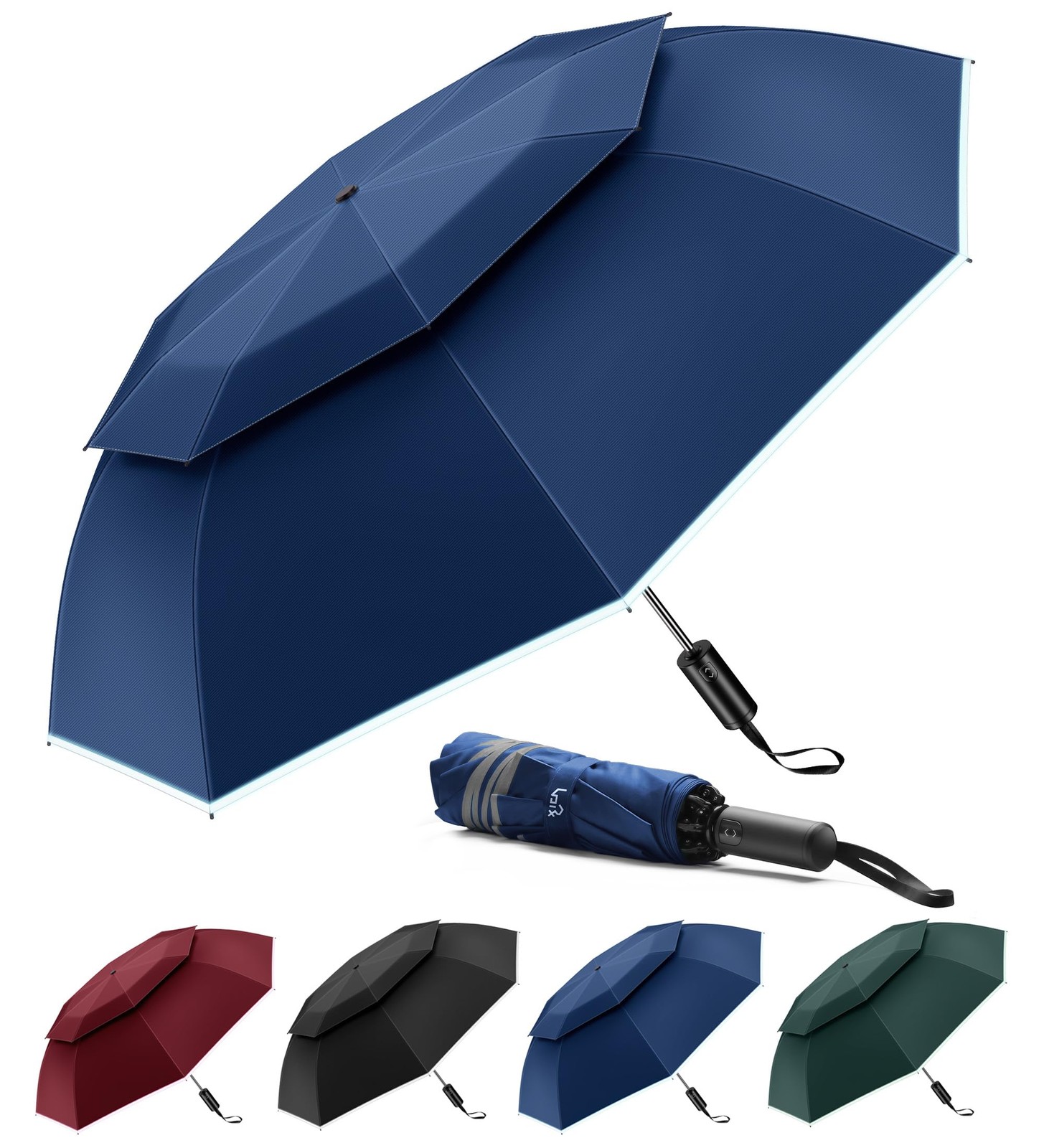 Urvoix Travel Umbrella Compact Windproof - Vented Double Canopy Large, Blue