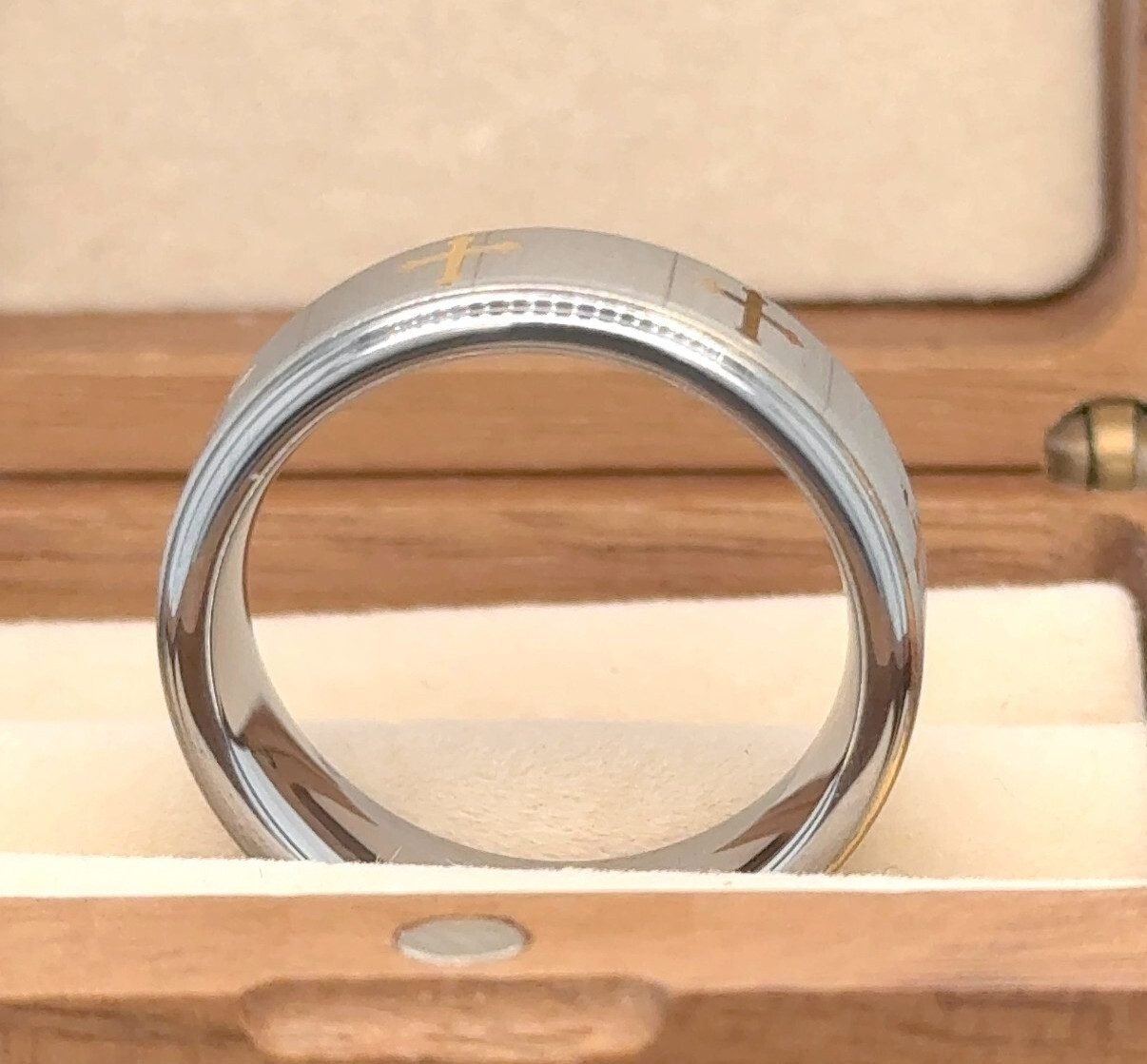 Men's Silver With Gold Crosses Wedding Band Tungsten Engagement Ring Groom Ring