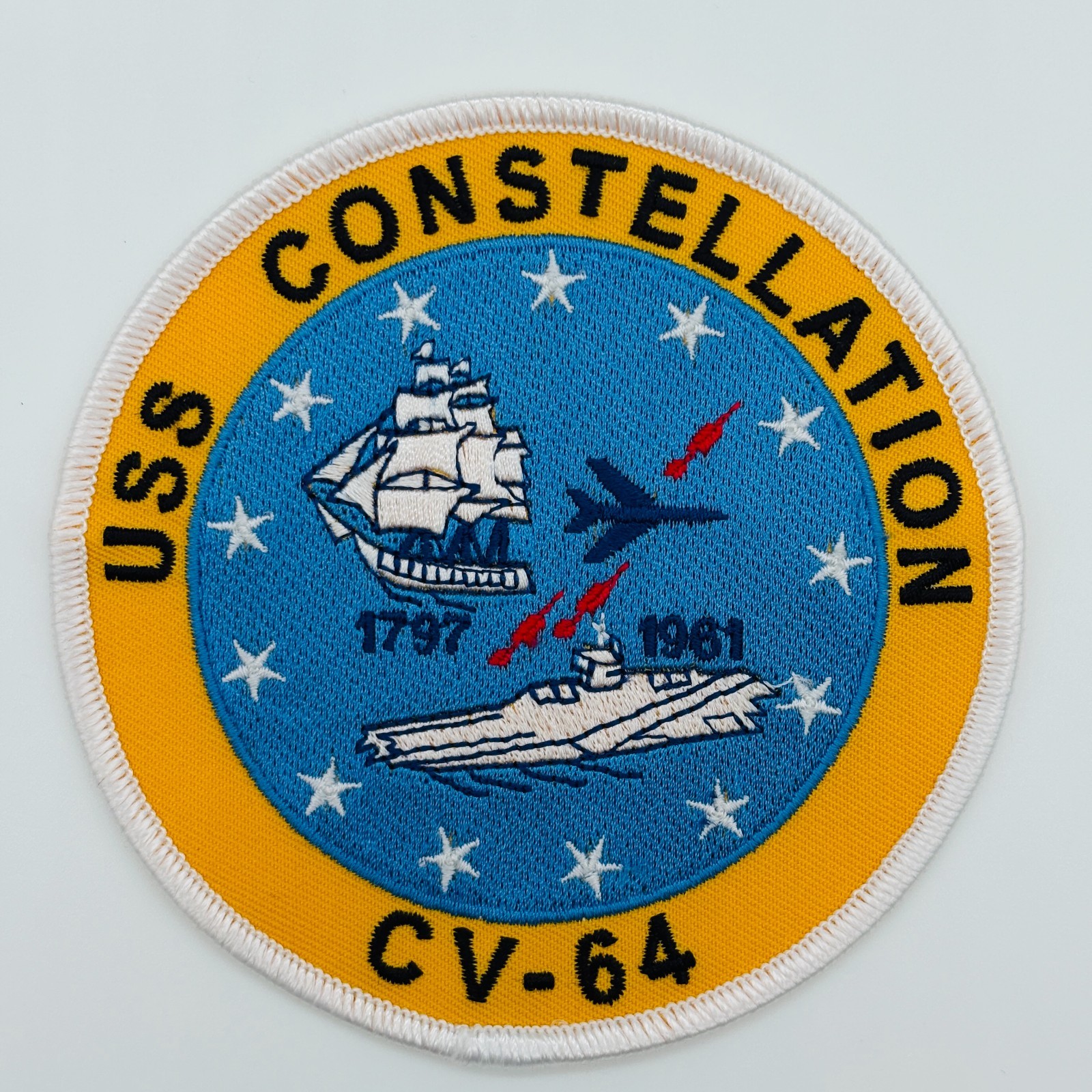 CV‑64 USS Constellation Patch – 4 Inch Embroidered Ship Crest – Plastic Backing