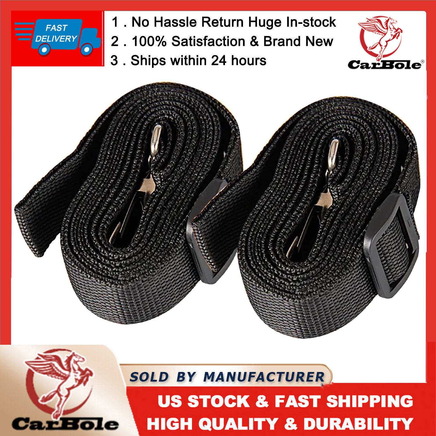 2 Nylon Double Bimini Top Strap w/ Hooks Adjustable All Stainless Steel Hardware