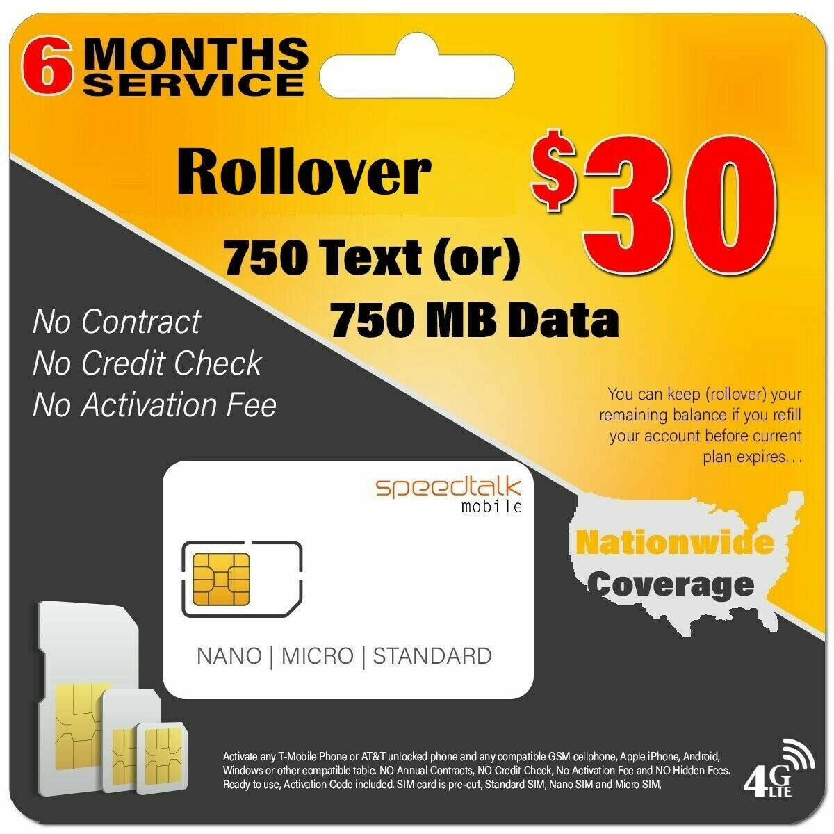 SpeedTalk GPS Tracker SIM Card ROLLOVER  Text Data Canada Mexico Roaming