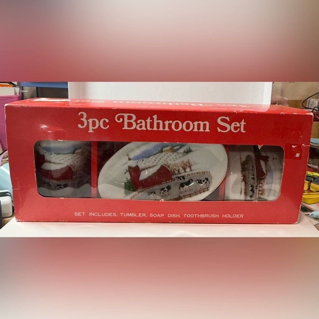 Vintage 3-Piece Bathroom Set Farm Scene Made in Japan – New in Box