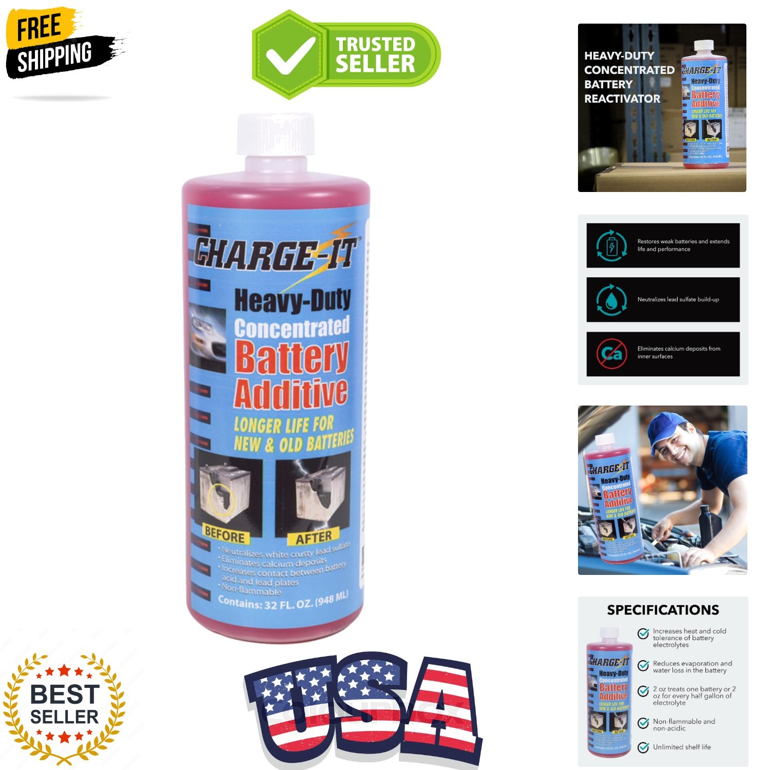 Charge-It Battery Additive Heavy-Duty Concentrate 32 fl oz, Desulfator, React...