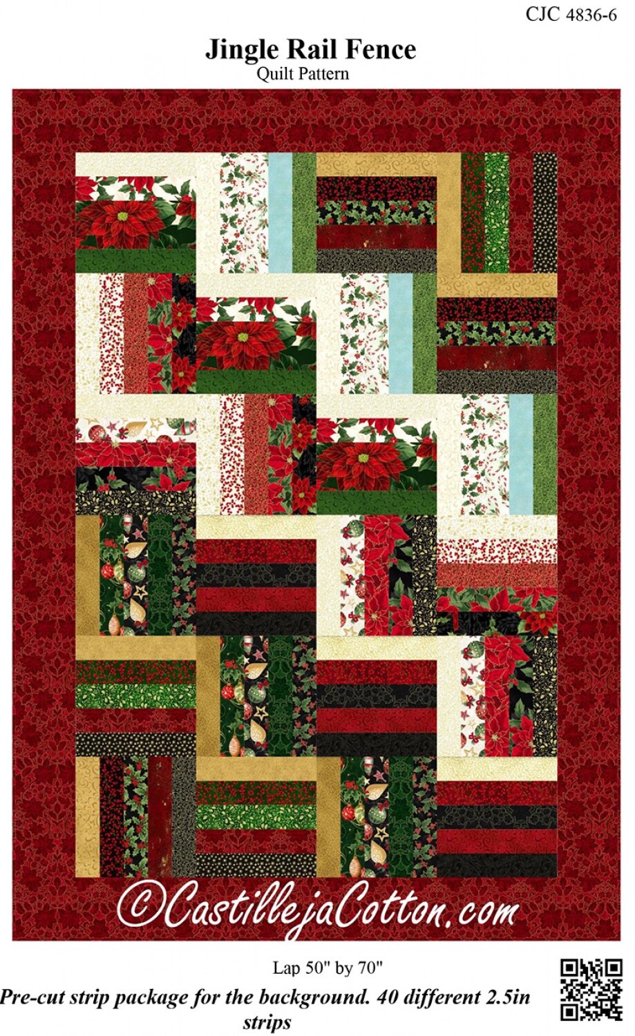 Jingle Rail Fence Quilt Pattern by Castille ja Cotton 50" X 70"
