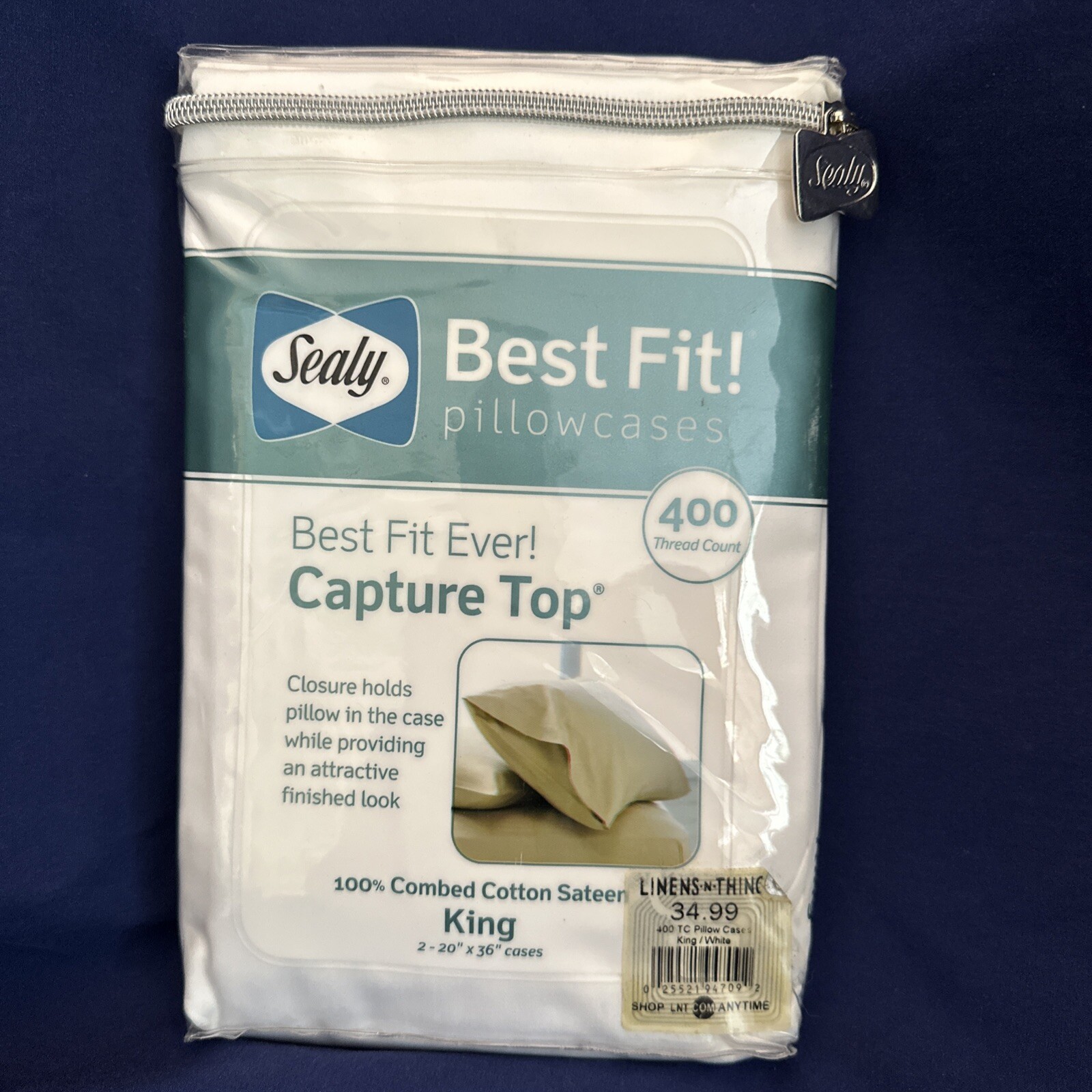 Sealy Best Fit White Pillowcases 400TC 100% Cotton Sateen Standard King 20”x36”