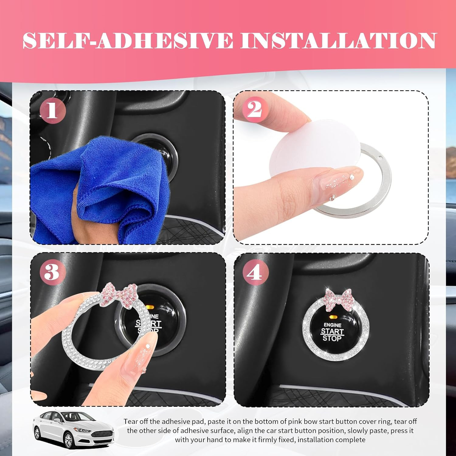 2PCS Pink Bow Car Engine Start Button Cover,Bling Cute Car Push to Start Button