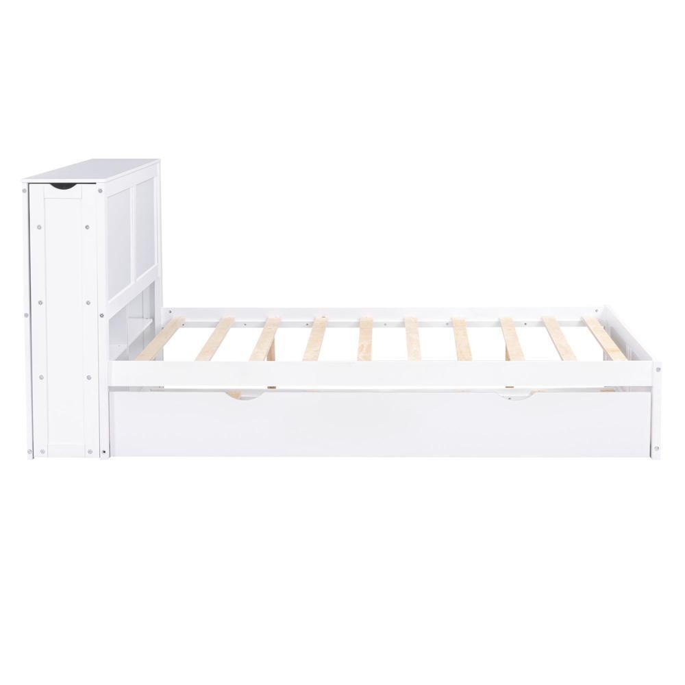Easy Assembly Full Platform Bed with Pull Out Shelves and Twin Trundle Furniture