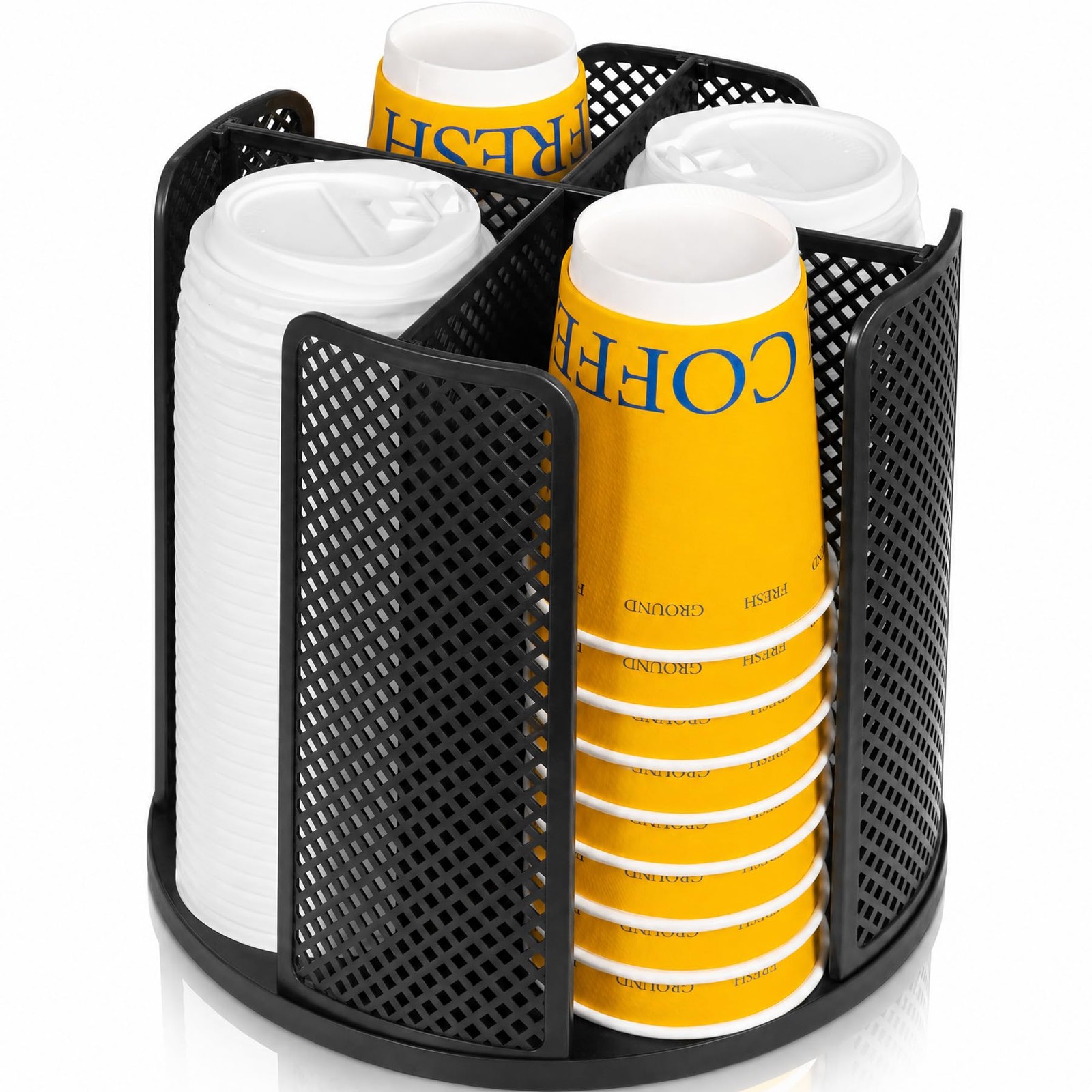 4-Compartment Rotating Paper Cup Holder & Coffee Cup Lid Storage Dispenser, P...
