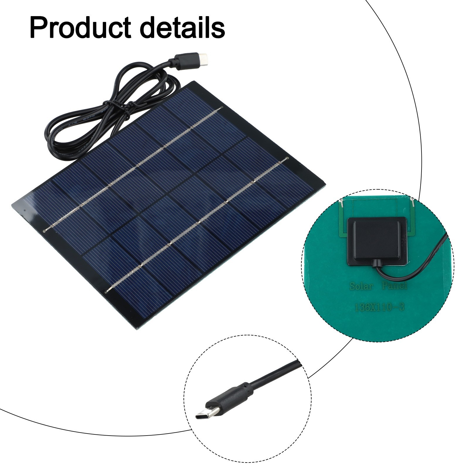 Polycrystalline 2W 6V Solar Panel Charger with For Type C Output and 1M Cable