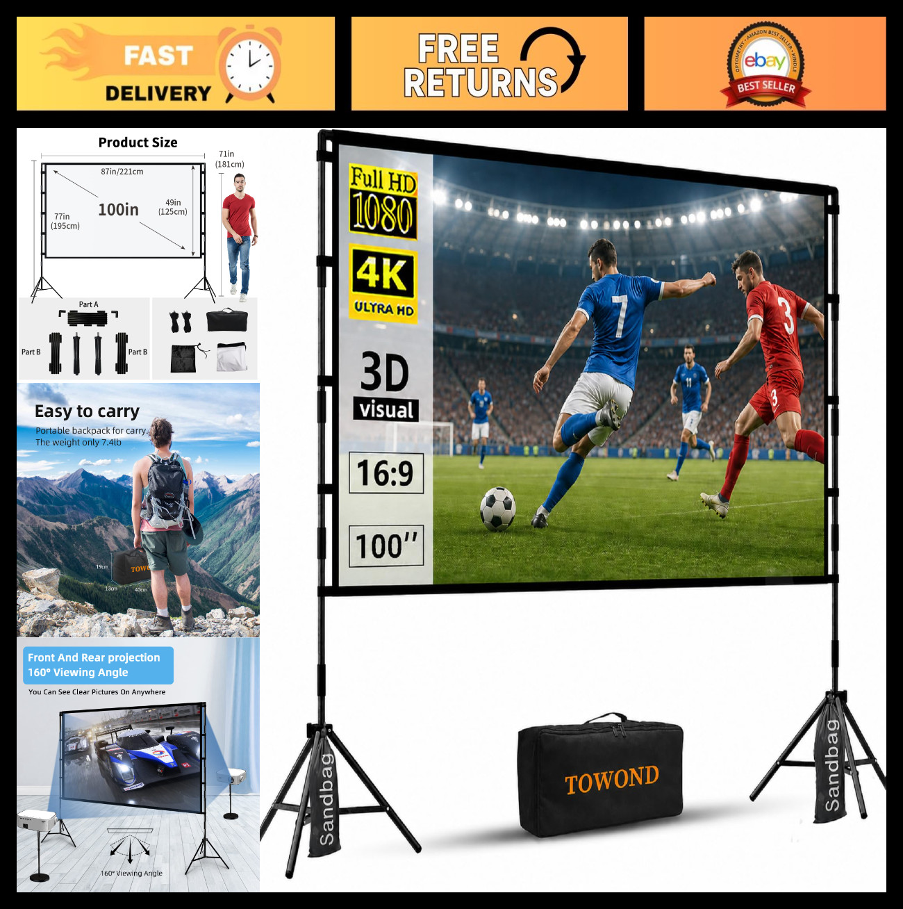 100" Portable Projector Screen with Stand - 4K Indoor/Outdoor Movie Screen, Carr