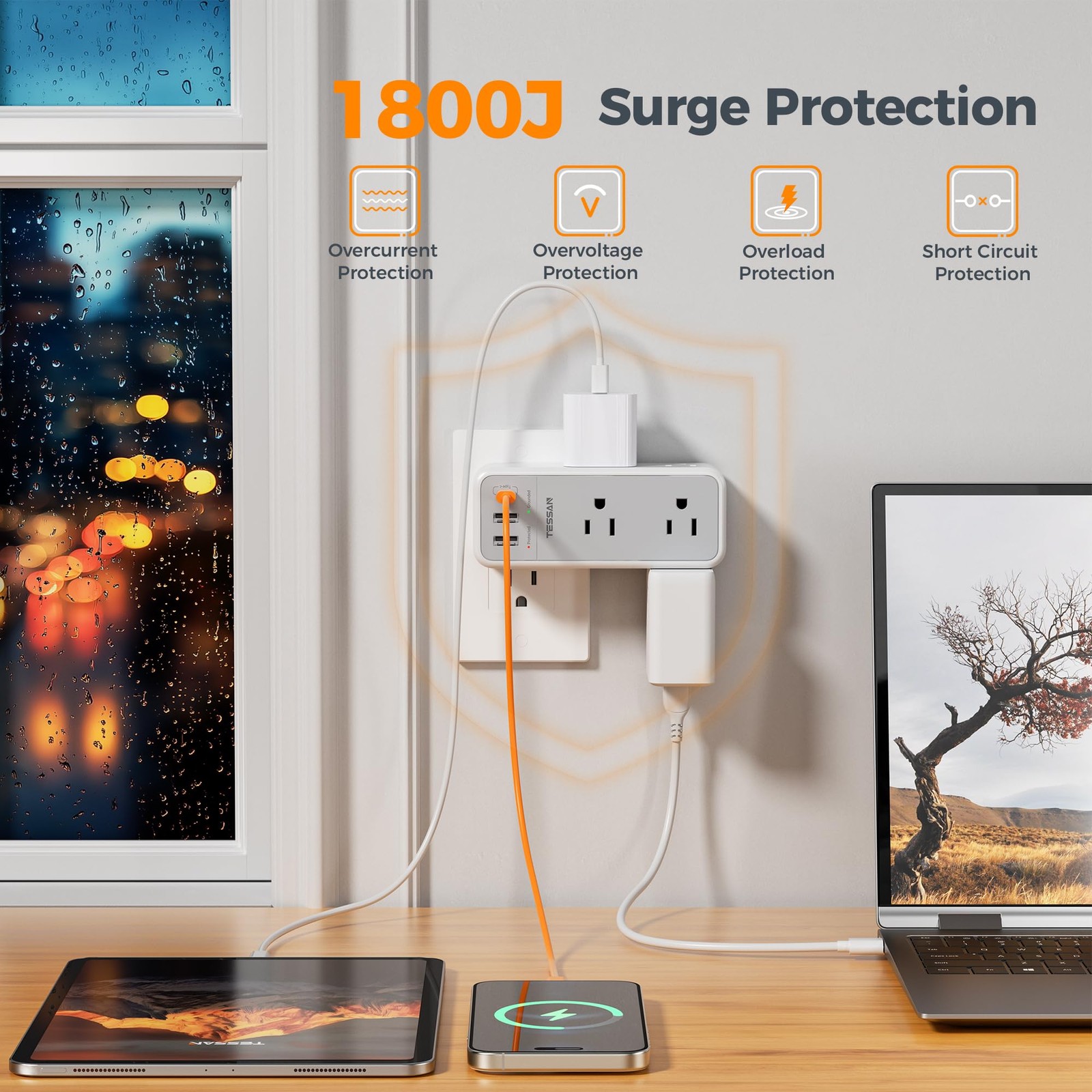Multi Plug Wall Outlet Splitter with 360 Rotating 6 Outlets (USB-C), Grey