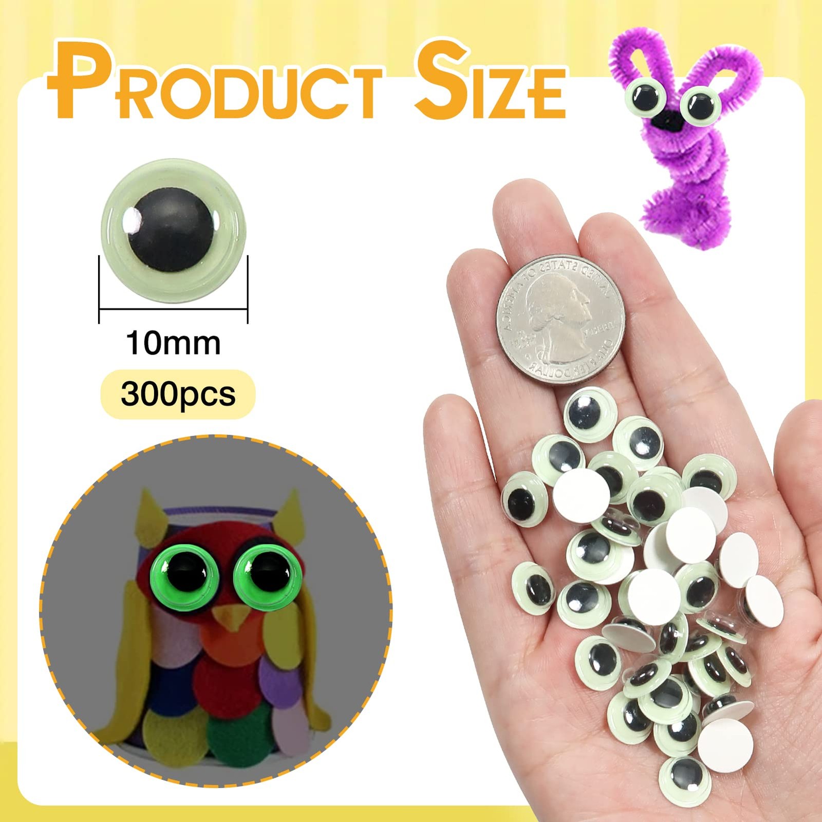 TOAOB 300pcs Glow in The Dark Wiggle Googly Eyes Self Adhesive Luminous Googl...