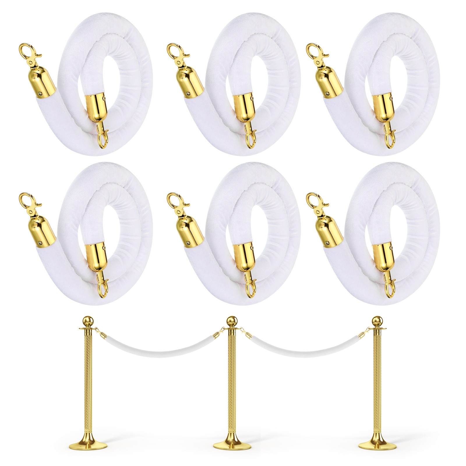 4 Feet White Velvet Stanchion Rope Crowd Control Barrier Rope Golden, 6PCS