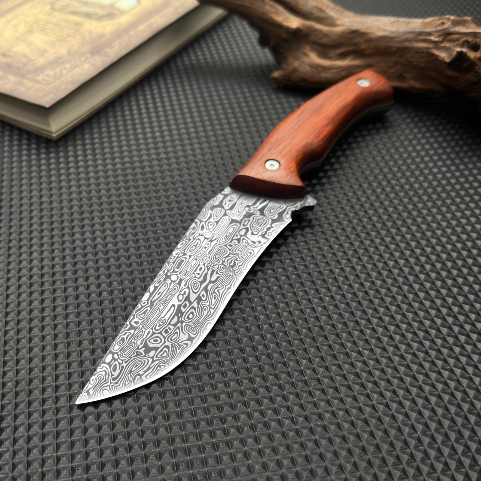 Versatile Daily Knife Damascus Pattern Blade Rosewood Handle Leather Sheath