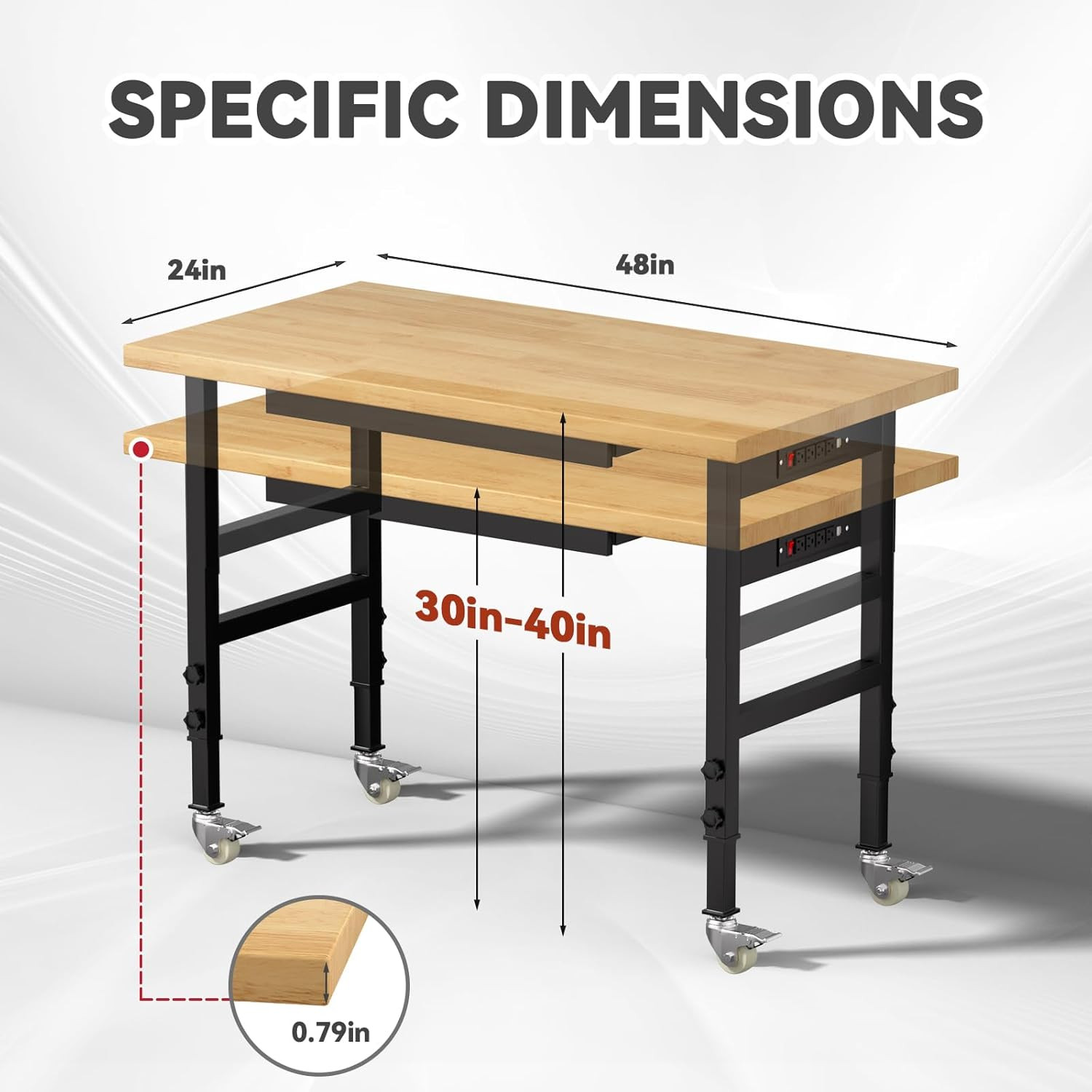 48" Heavy Duty Solid Wood Work Bench, Work Table with Drawers, Portable Garage W