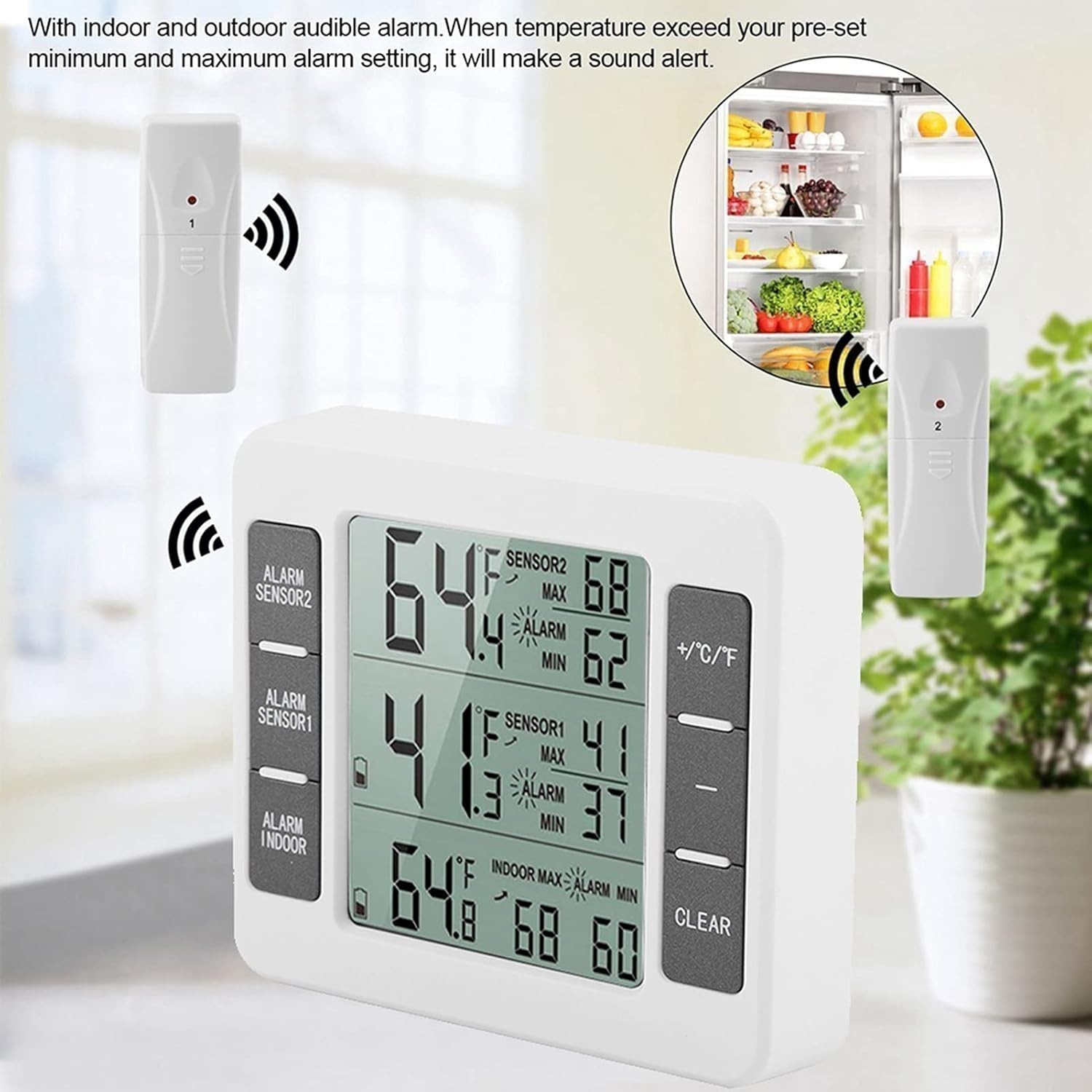 Wireless Digital Refrigerator Fridge Freezer Thermometer Temp Alarm Dual Sensor