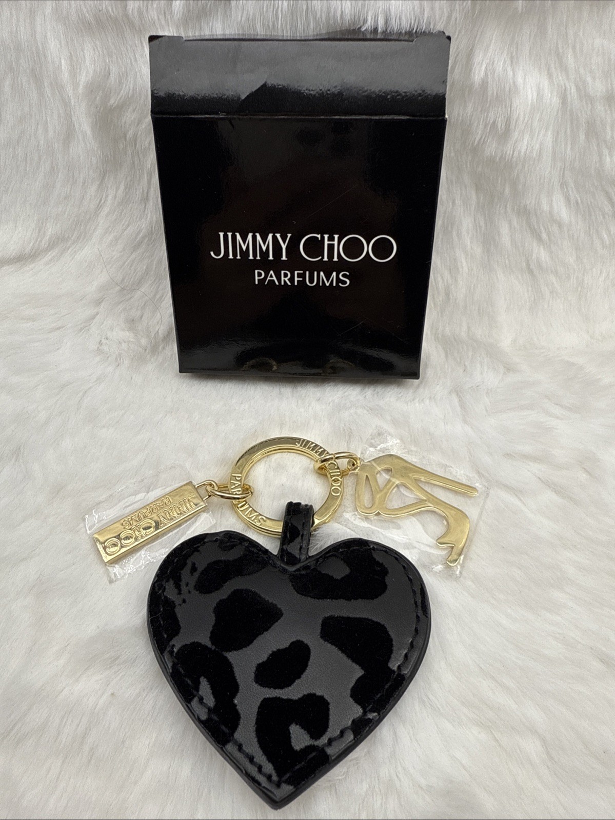 Jimmy Choo Parfumes Animal Print Black Heart Golden Shoe Key Chain - NIB !