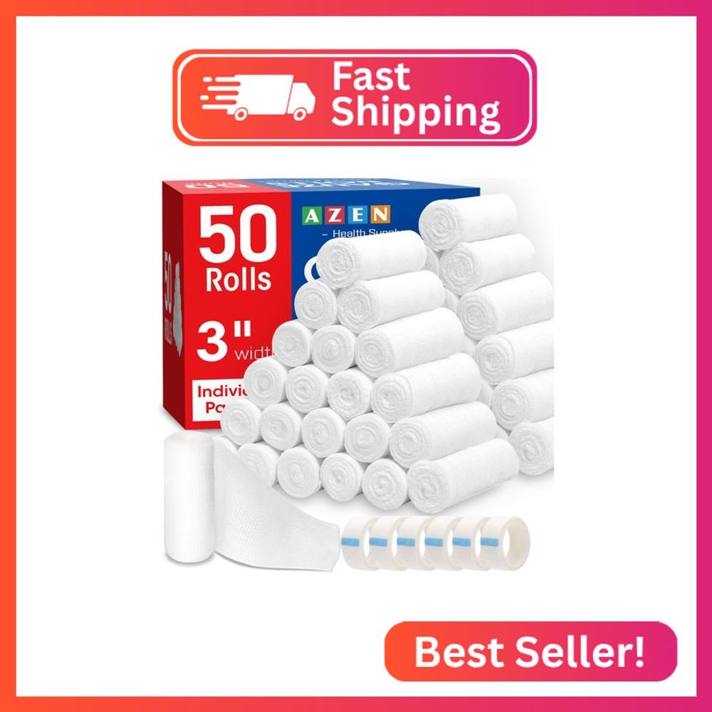 AZEN 50 Pack Gauze Rolls Bandages, 3 in x 4.1 Yards, Premium Medical Supplies &