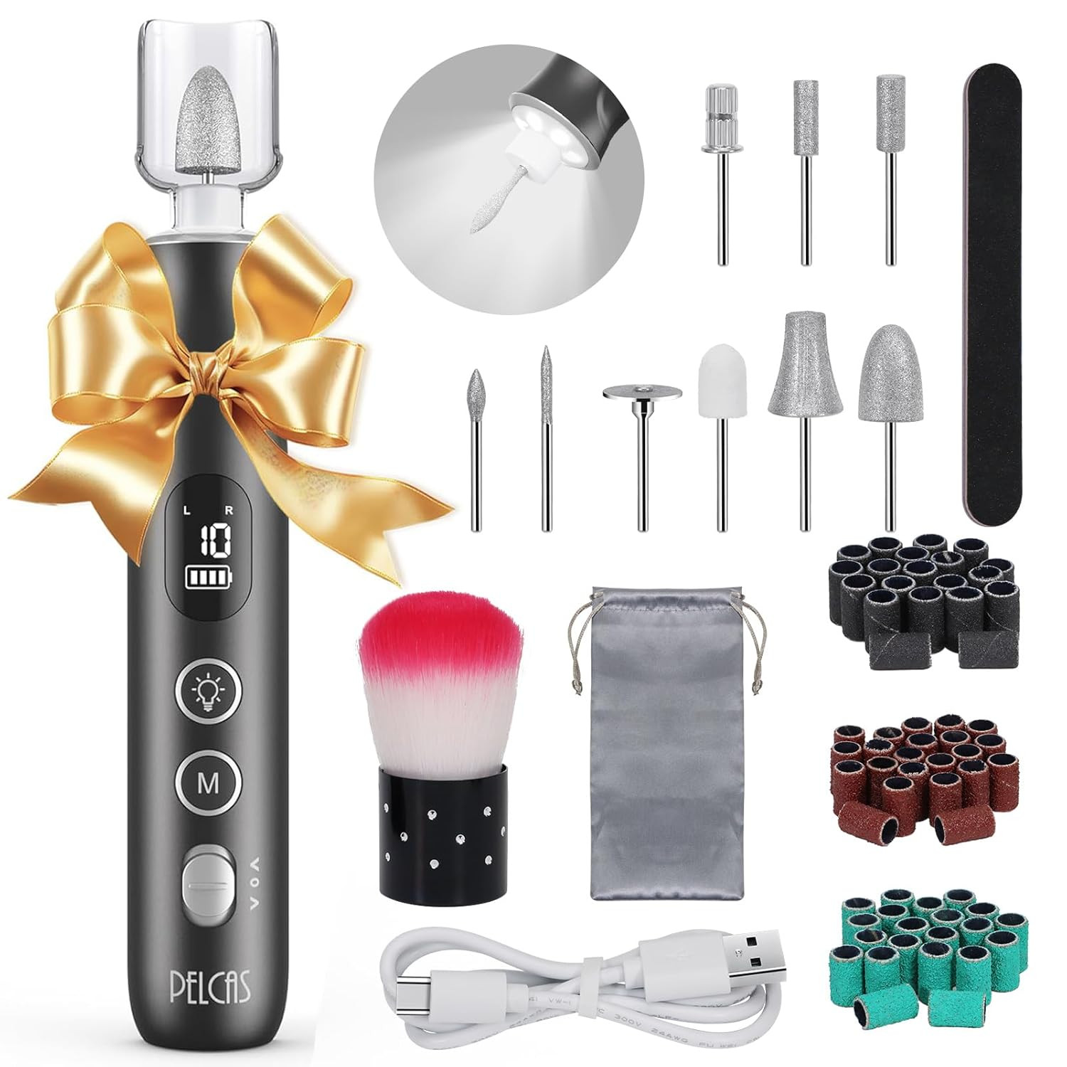 Electric Nail Grinder, 10 Speeds Cordless Nail Drill with LED Light, Portable Ma