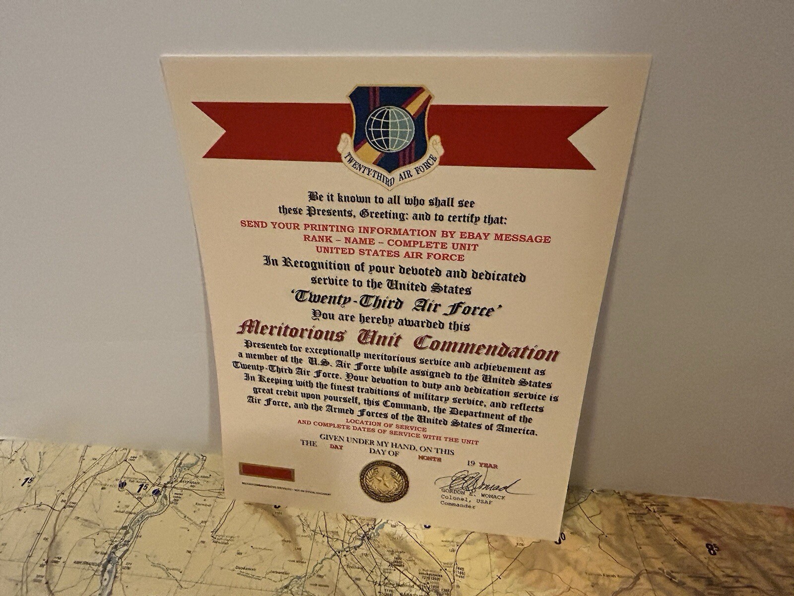 U.S. AIR FORCE / 23RD AIR FORCE - MERITORIOUS UNIT COMMENDATION CERTIFICATE