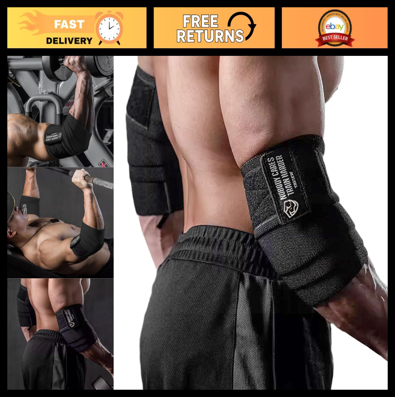 Elbow Wraps for Weightlifting - 47" Elastic Compression Support Straps for Gym,