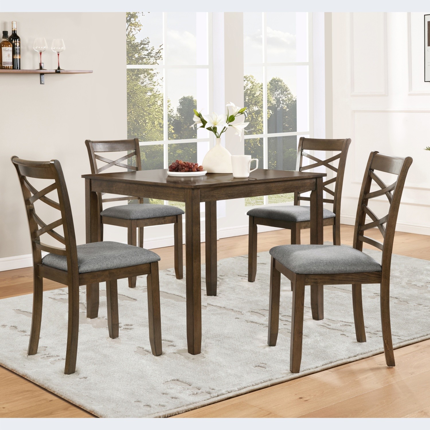 Modern 5 Piece Dining Table Set Wooden Square Dining Table & 4 Chair Walnut