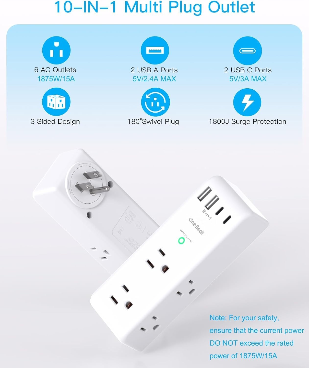 Surge Protector Outlet Extender - with Rotating Plug, 6 AC Multi Plug Outlet ...
