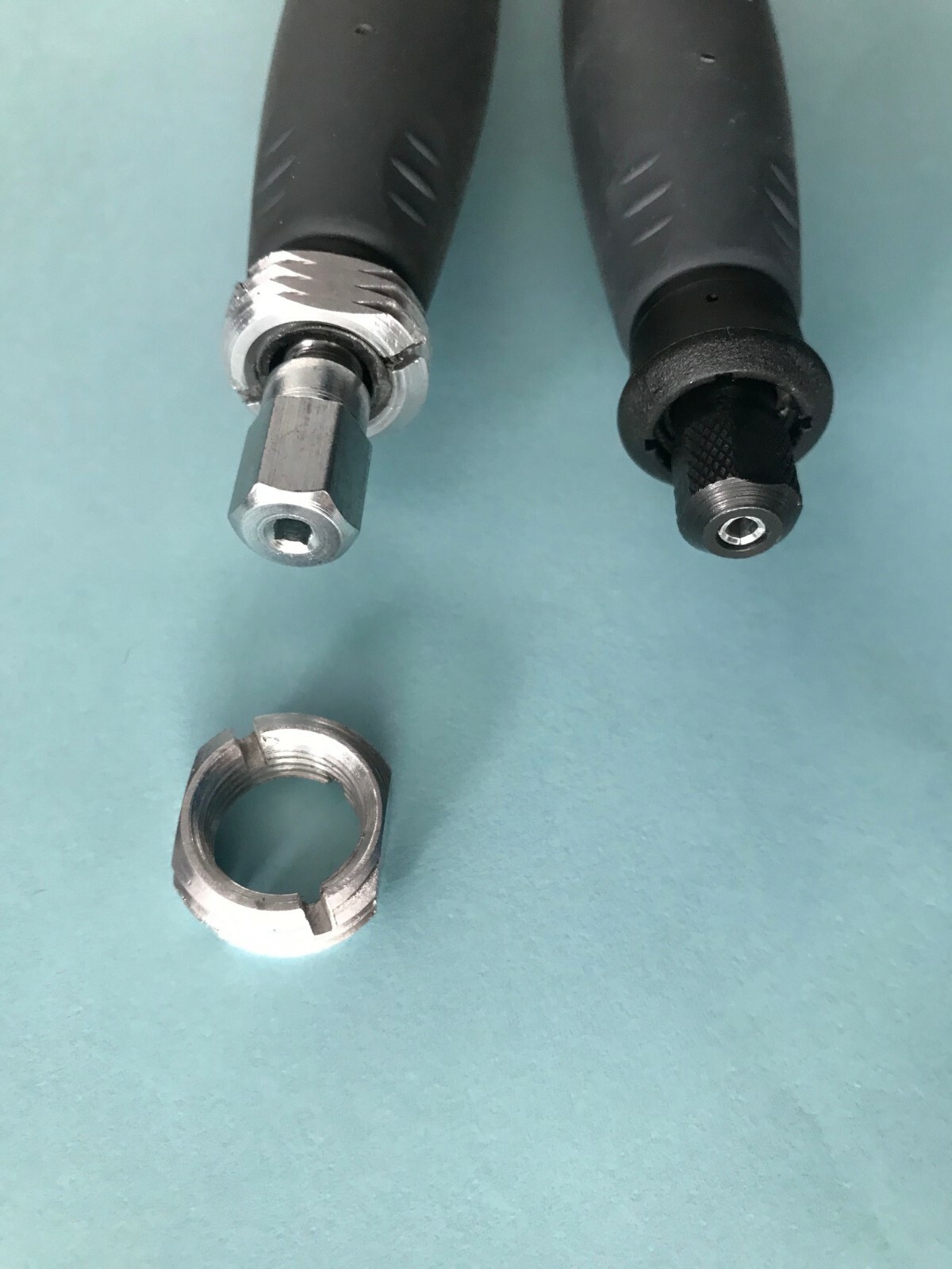 Threaded adapter join multiple rotary tool flex shafts together. Longer cable