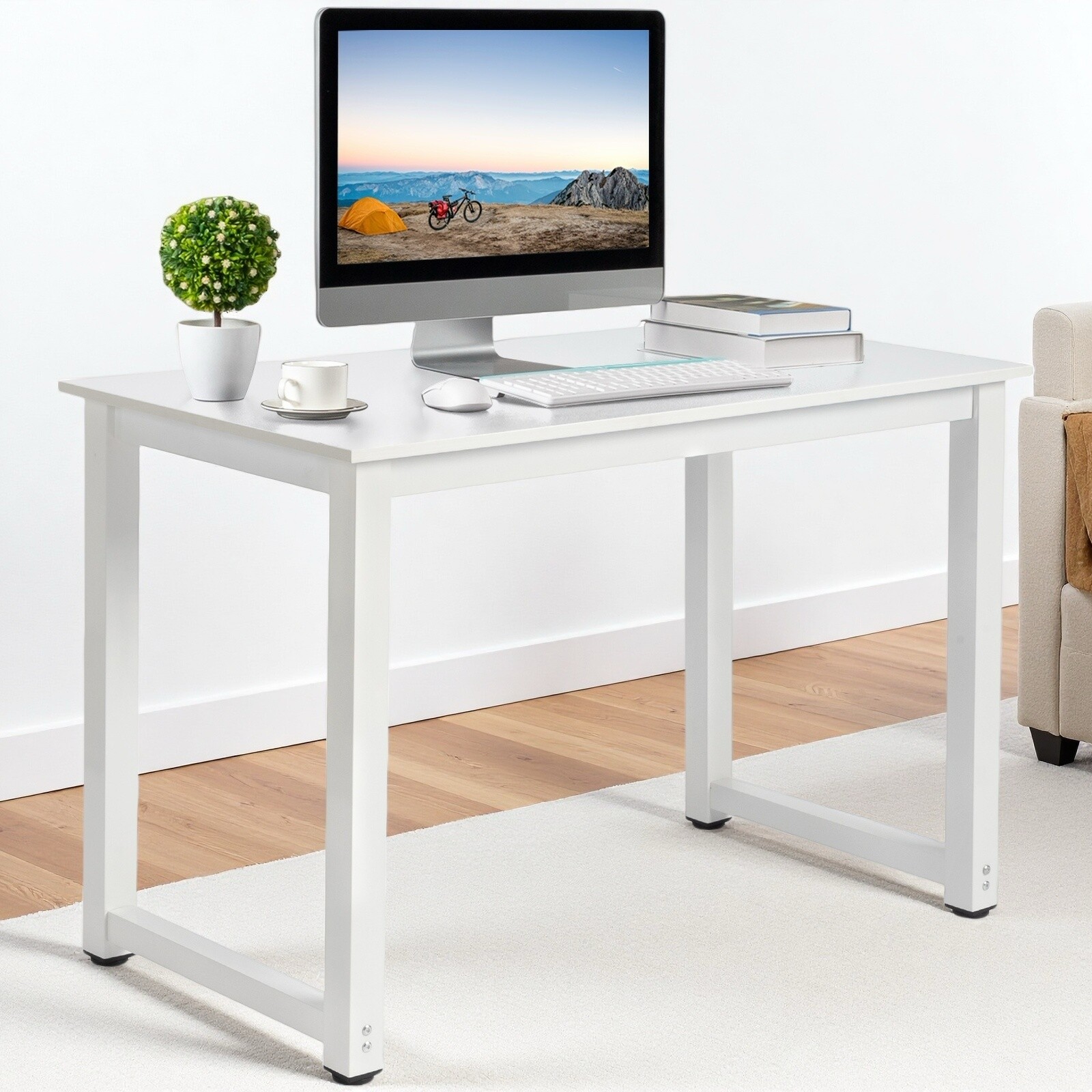 Simple Computer Desk - Portable, White, Steel White Frame & Adjustable Foot Pad