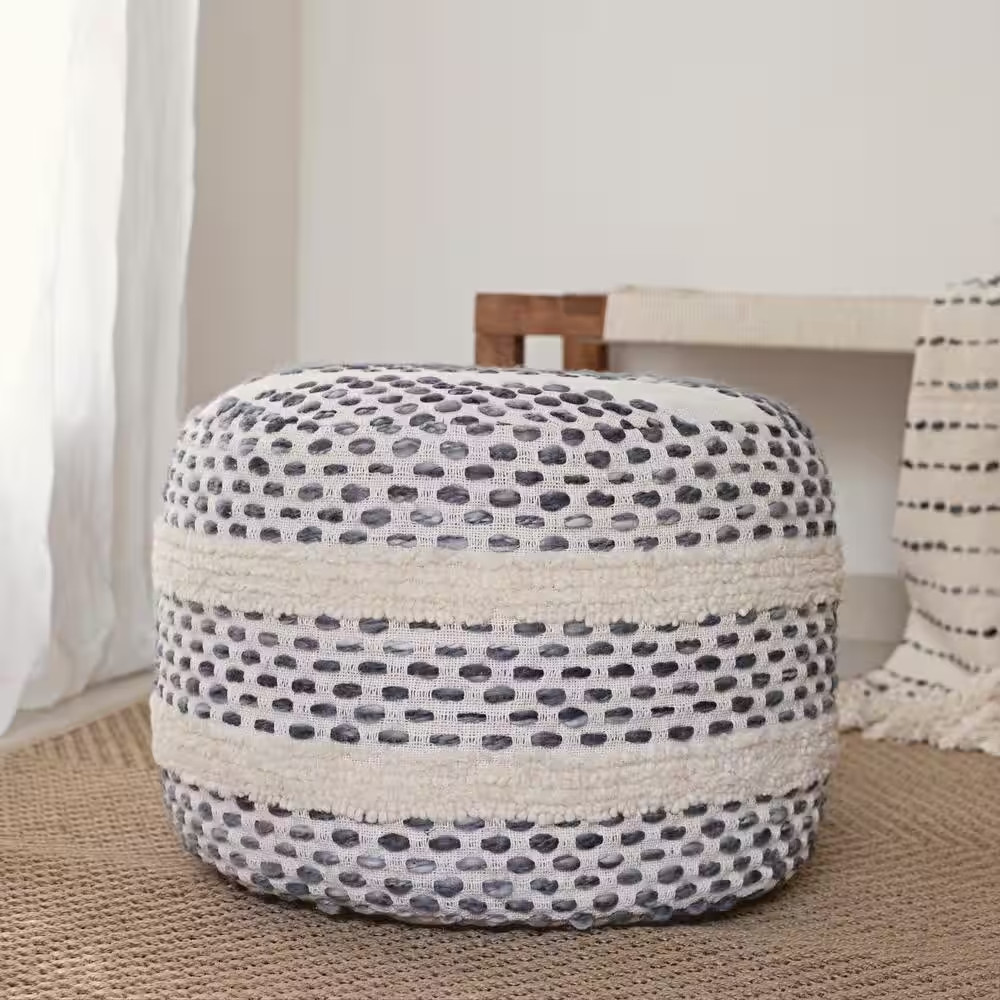 Dash White/Navy Striped Ombre Hand Woven Cotton Blend Pouf