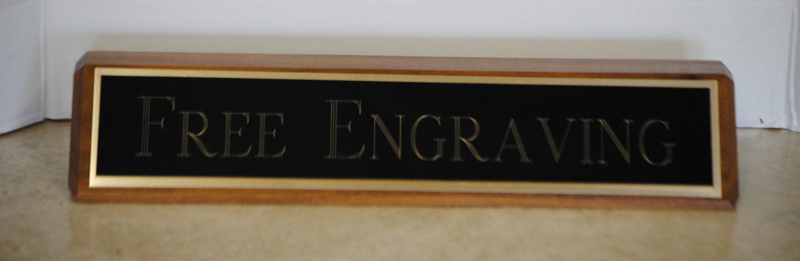 Desk Name Plate, Walnut base, Colored Brass plate with gold aluminum back